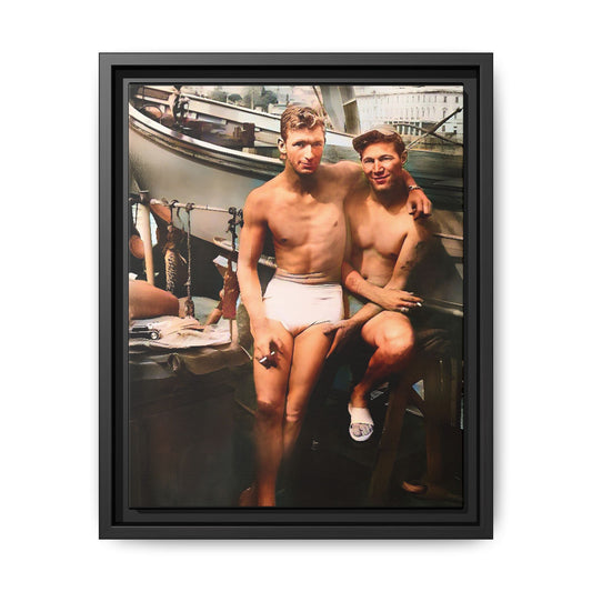 A framed vintage nautical portrait on matte canvas featuring Richard and Joey in Gulf Shores, Alabama, capturing timeless LGBTQ+ connection and coastal charm. Gay Couple