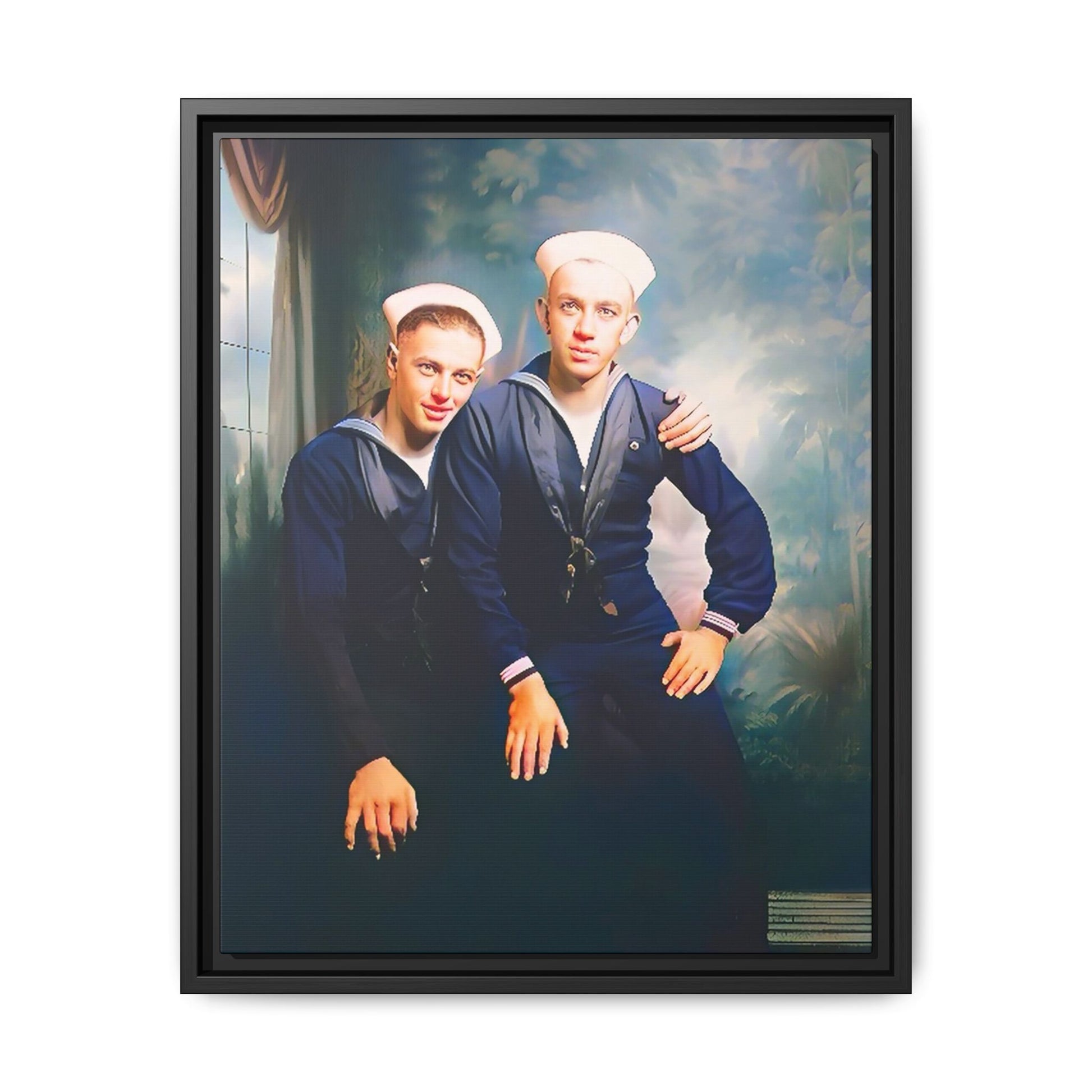 A restored vintage naval portrait of Thomas & Ervin at Naval Station Newport, Rhode Island. This framed matte canvas honors LGBTQ+ history, military service, and timeless camaraderie. Gay Couple