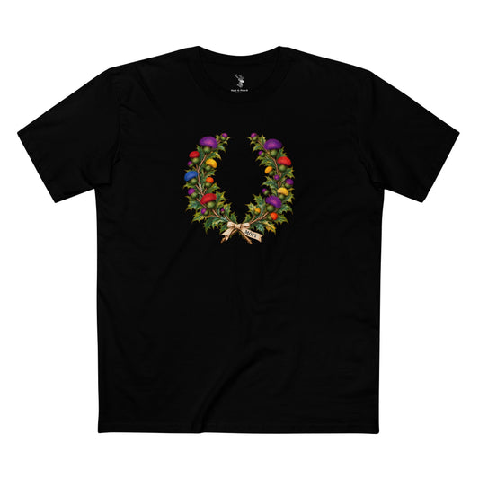 Scottish thistle botanical wreath with violet, pink, blue, red, orange and gold flowers above the Gaelic word Mòit