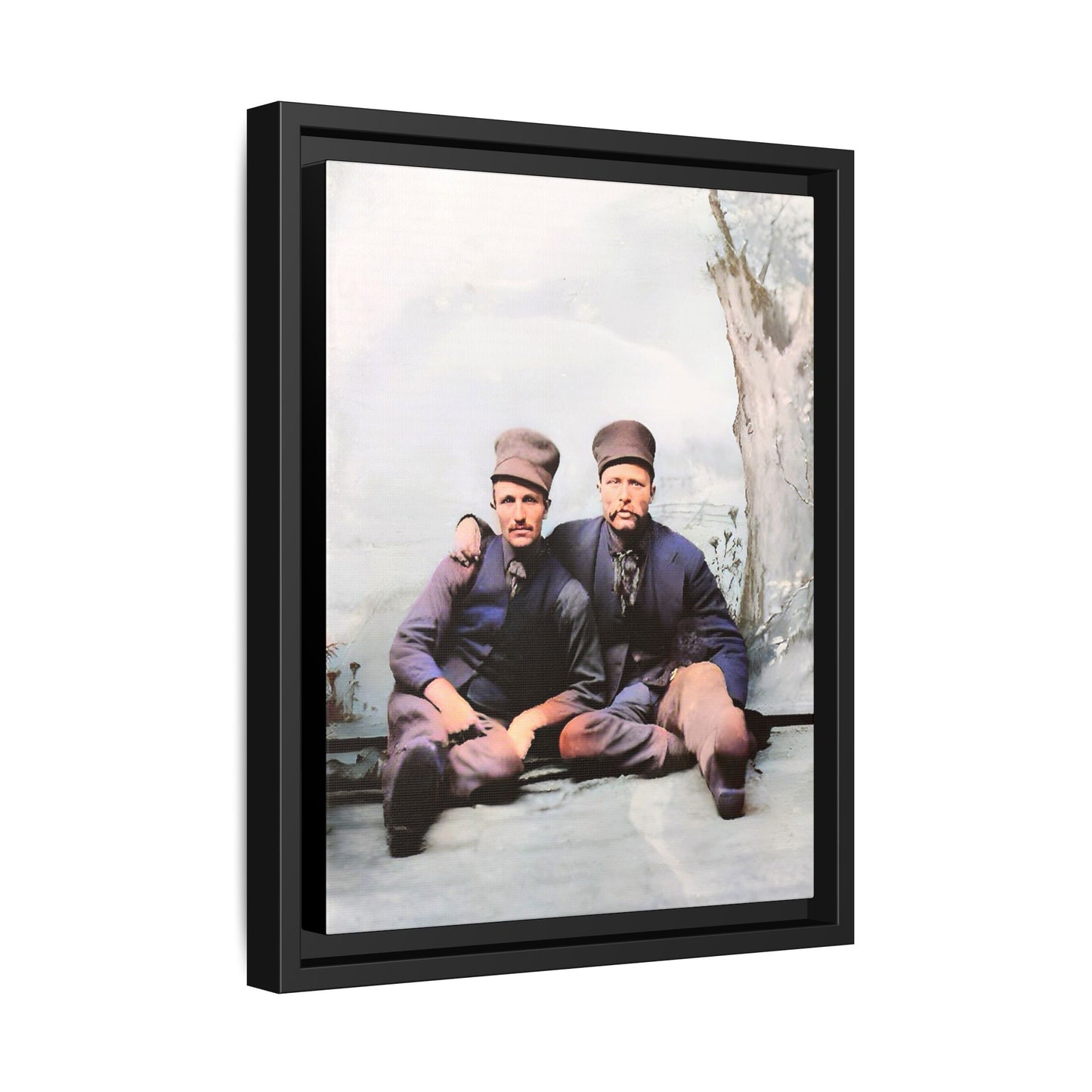 A restored vintage portrait of Stig & Sven, a Dutch American couple in Orange City, Iowa. This framed matte canvas honors LGBTQ+ history, resilience, and love in a winter setting. Gay Couple