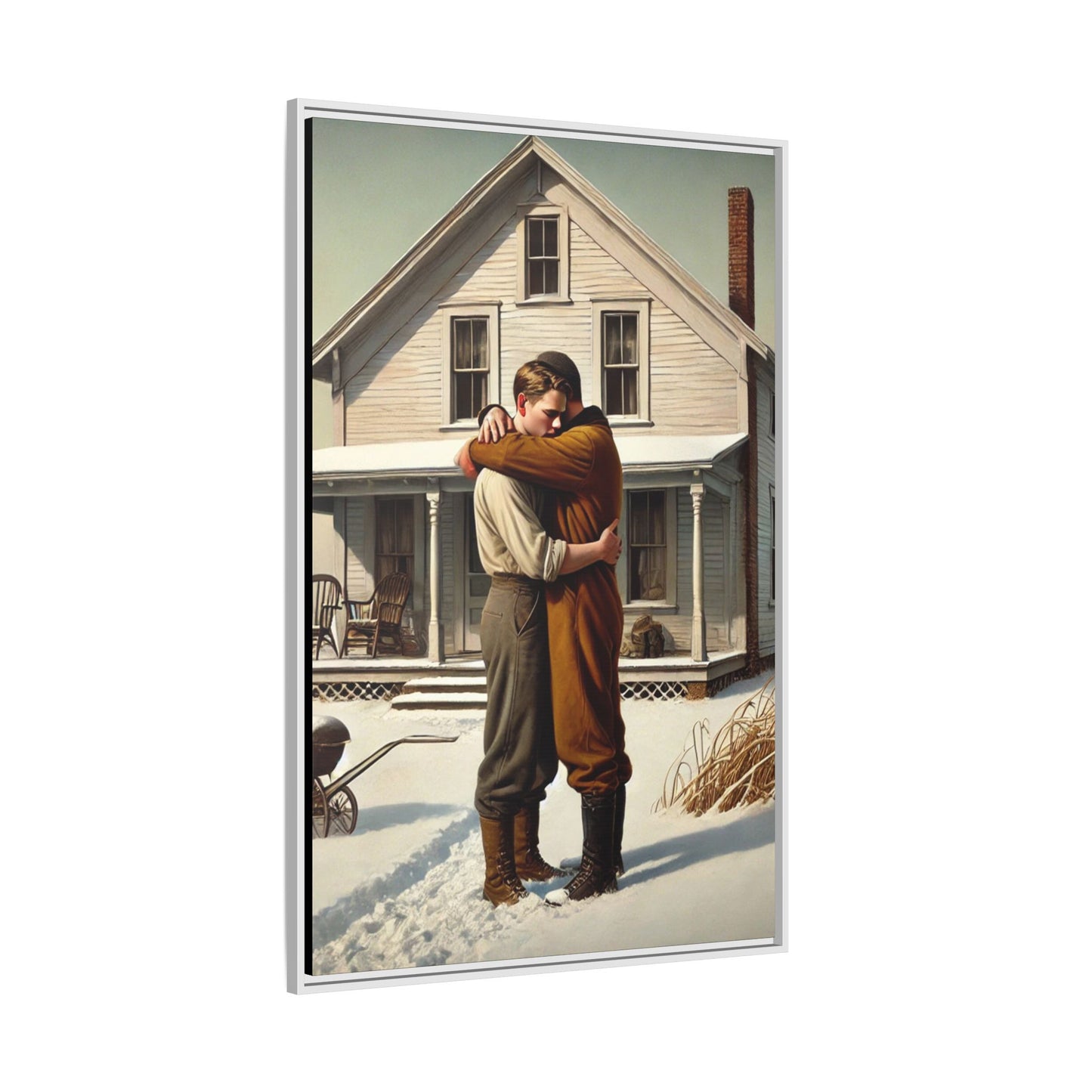 Artwork of a tender moment between a gay couple embracing outside a farmhouse in a snowy, rural landscape. Dressed in vintage attire, the two men find warmth and comfort in each other’s arms, capturing love and connection in a serene, Americana winter setting
