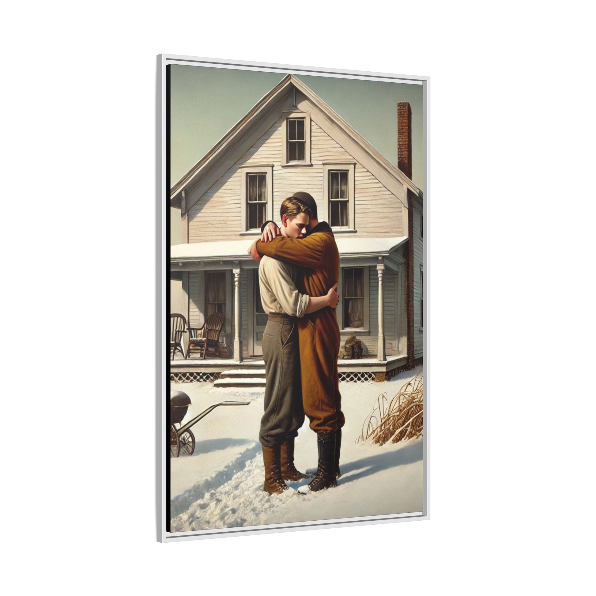 Artwork of a tender moment between a gay couple embracing outside a farmhouse in a snowy, rural landscape. Dressed in vintage attire, the two men find warmth and comfort in each other’s arms, capturing love and connection in a serene, Americana winter setting