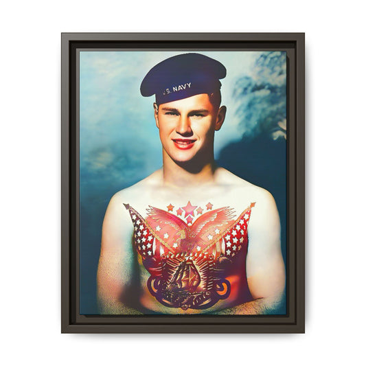 A striking vintage portrait of Charlie, a proud U.S. Navy sailor at Norfolk Navy Yard, showcasing a patriotic tattoo. This framed matte canvas print celebrates military history, individuality, and LGBTQ+ representation—perfect for collectors and history enthusiasts.