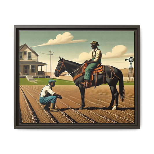 Artwork of an African American queer couple working together on a farm in a serene, vintage-inspired landscape. One man sits on horseback, gazing warmly at his partner, who examines the soil, symbolizing their partnership in both love and labor. The scene captures resilience, companionship, and the beauty of rural life.