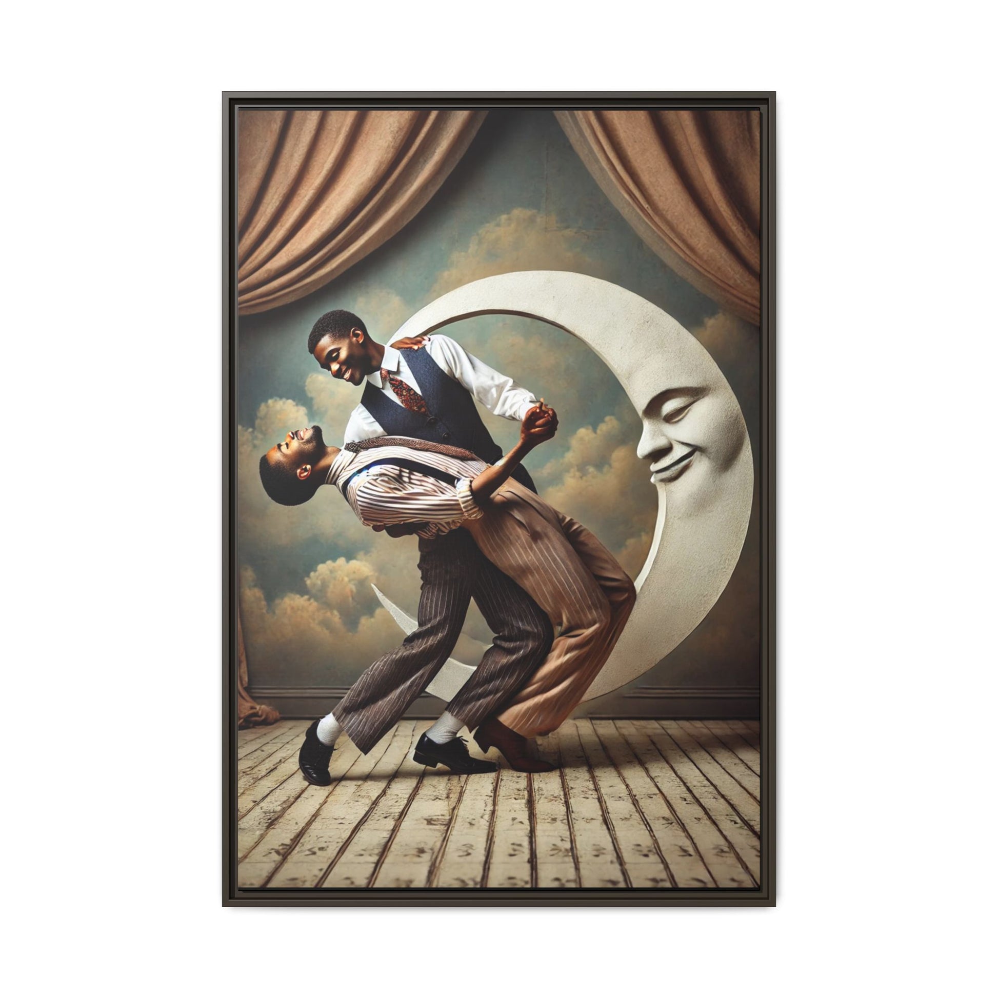 Framed artwork of two Black men in vintage suits dancing tenderly beneath a crescent moon with a smiling face. A romantic 1920s-inspired scene with velvet curtains and a painted sky backdrop. Part of a collection reclaiming lost queer Black history and art.