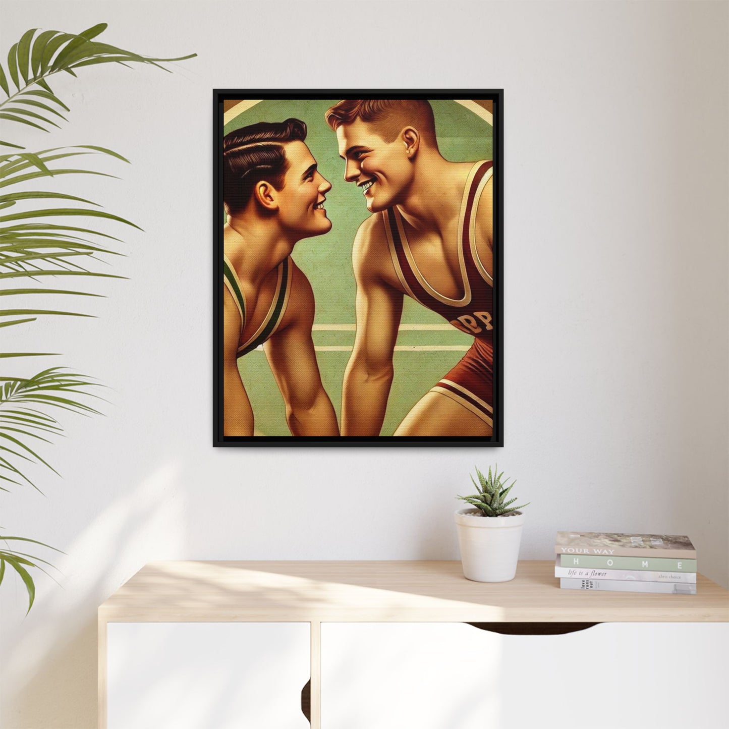 Framed artwork of two young wrestlers in vintage singlets on a stylized mat, inspired by Grant Wood's nostalgic Americana style.