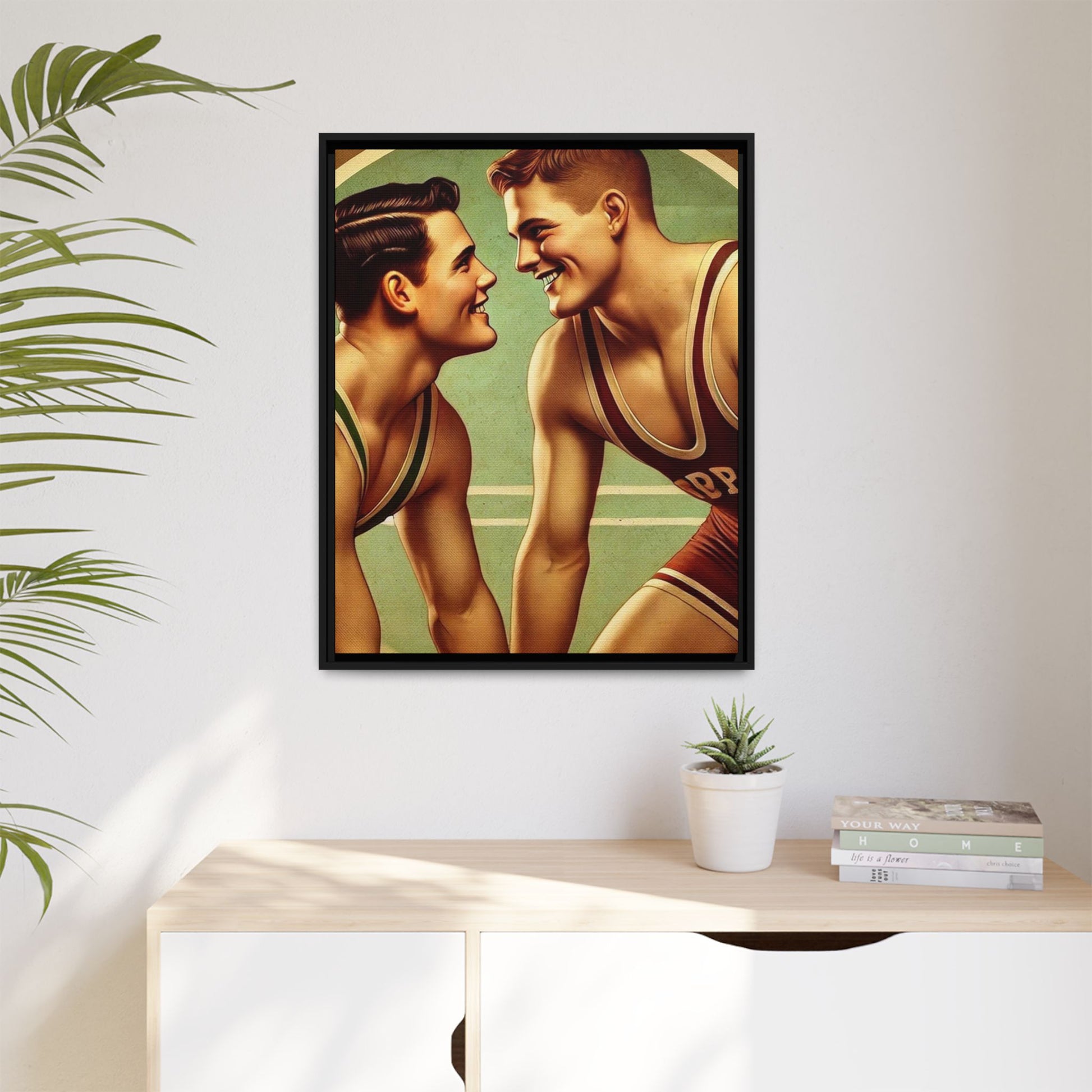 Framed artwork of two young wrestlers in vintage singlets on a stylized mat, inspired by Grant Wood's nostalgic Americana style.