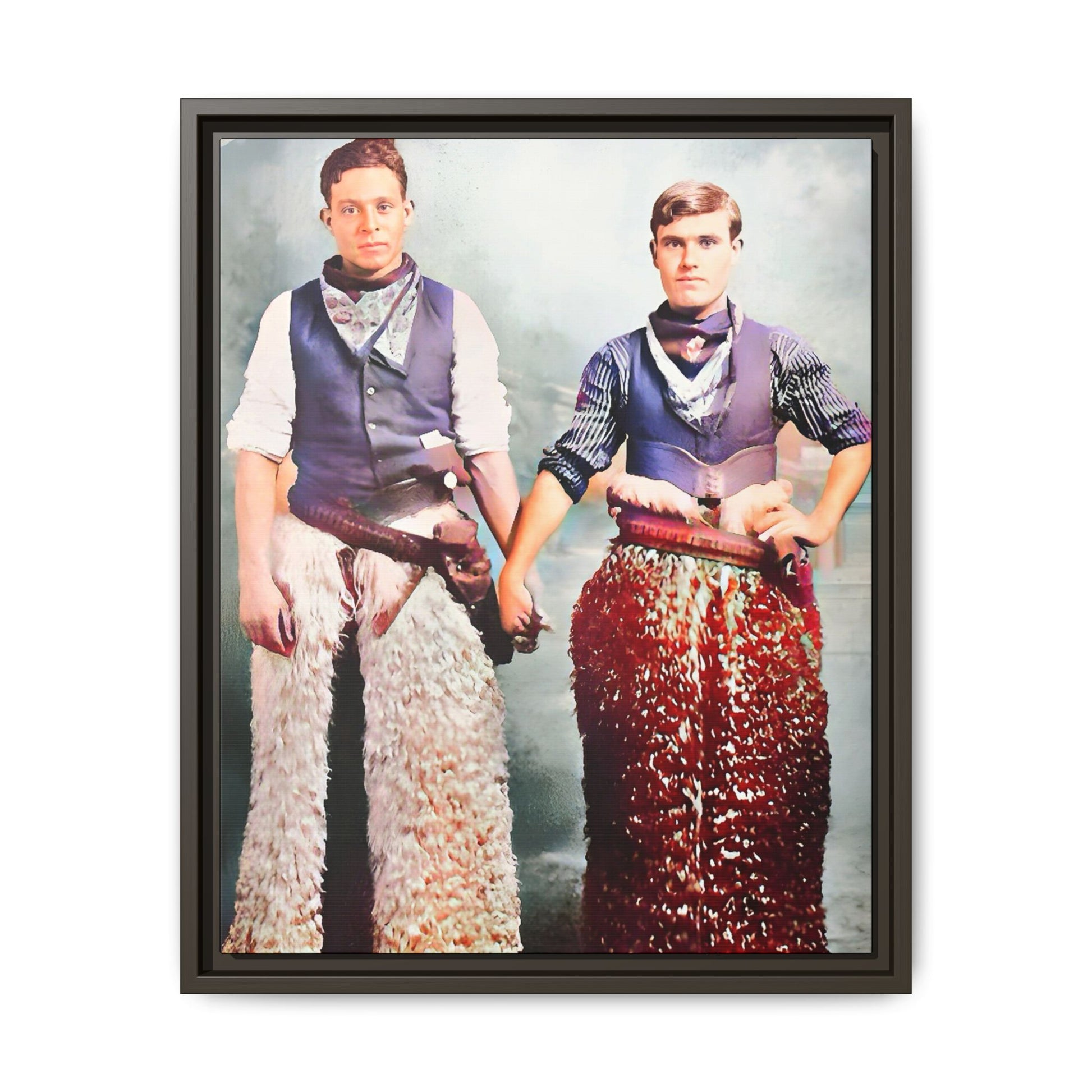 Restored colorized vintage photo of two cowboys, Kline & Autry, holding hands in Carson City, early 20th century. Gay Couple