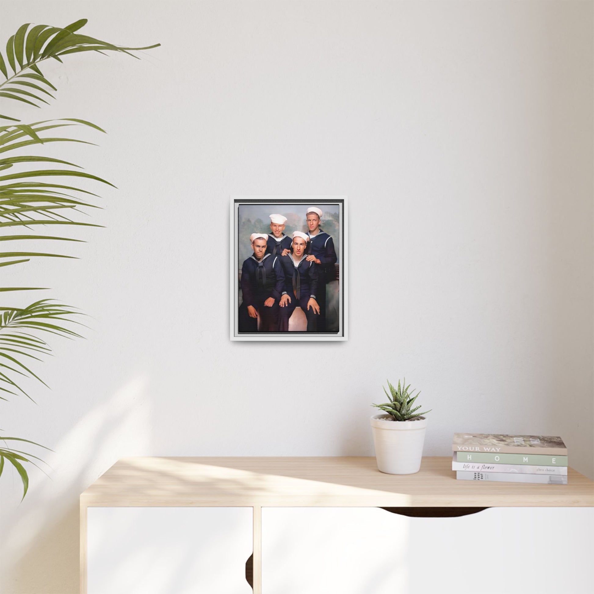 A framed vintage naval portrait on matte canvas featuring four sailors at Naval Station Great Lakes, capturing unity, service, and military pride.
