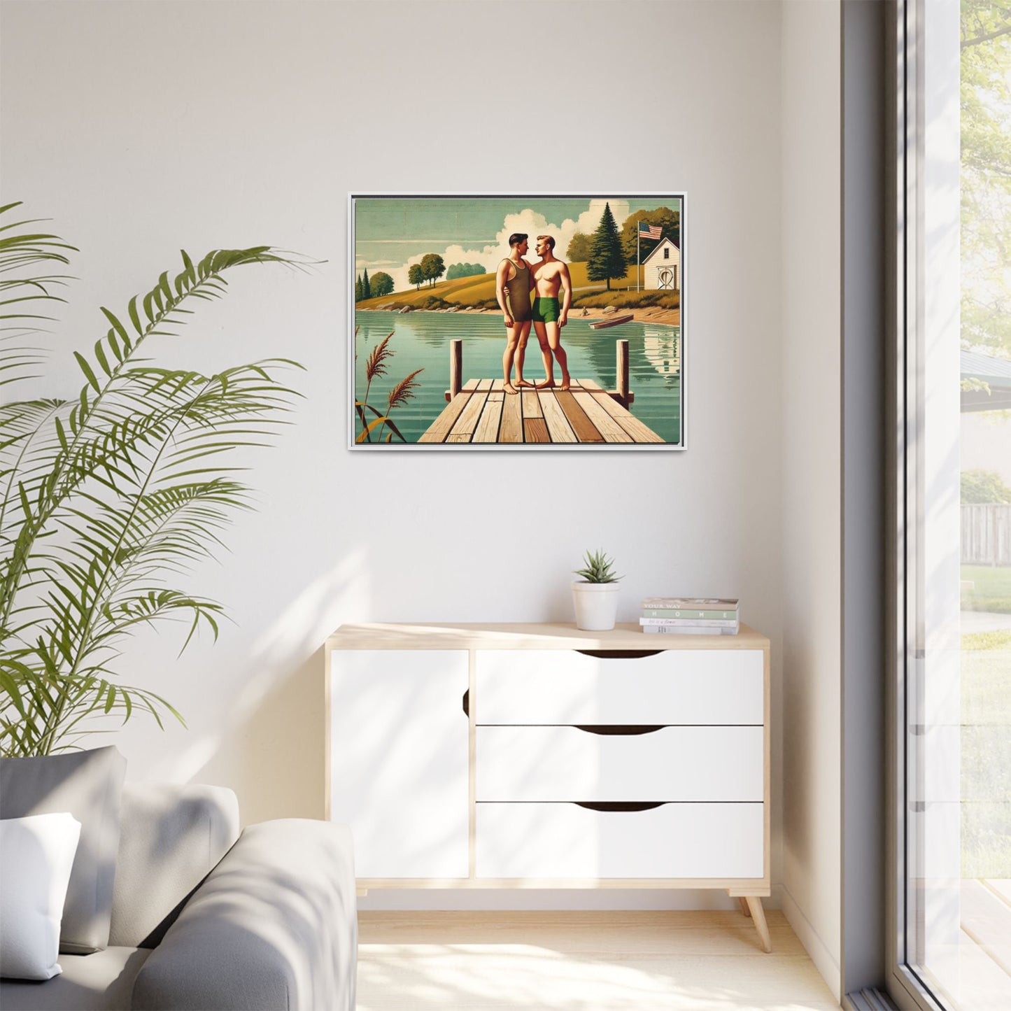 Framed artwork of a gay couple sharing a tender moment on a wooden dock by a peaceful lake, dressed in vintage swimwear. Set against rolling hills and a lakeside cabin, this nostalgic scene honors LGBTQ+ love in a serene Midwestern summer setting.