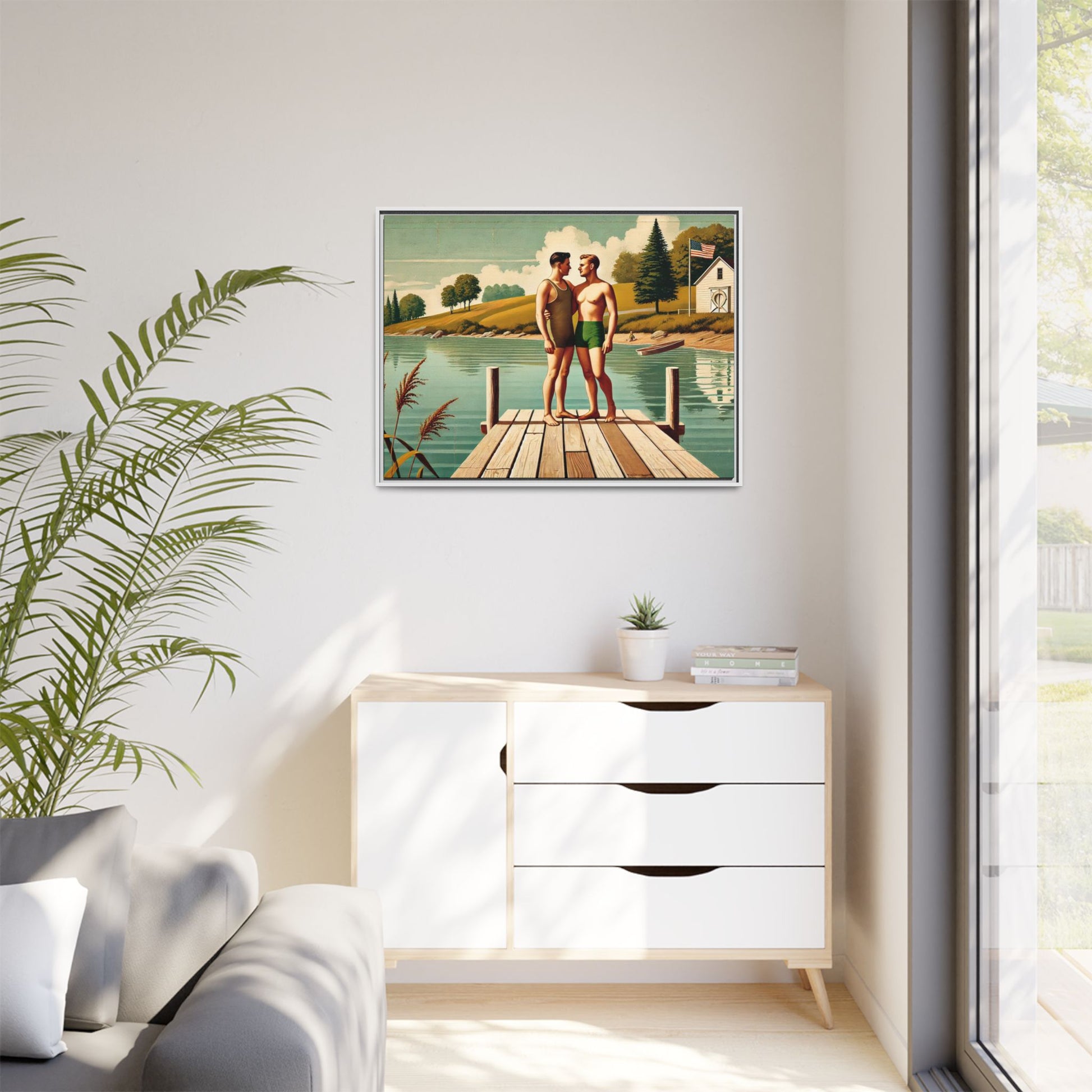 Framed artwork of a gay couple sharing a tender moment on a wooden dock by a peaceful lake, dressed in vintage swimwear. Set against rolling hills and a lakeside cabin, this nostalgic scene honors LGBTQ+ love in a serene Midwestern summer setting.