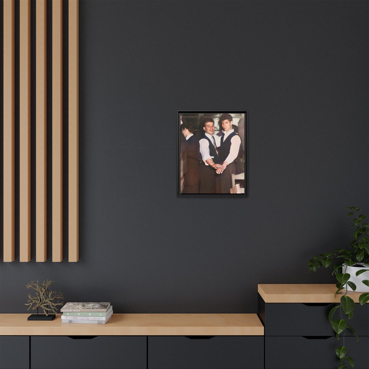 Restored and colorized mid-20th century photo of Clarence and Francis dancing, celebrating LGBTQ+ love and resilience, framed as a matte canvas wall décor piece. Gay Couple