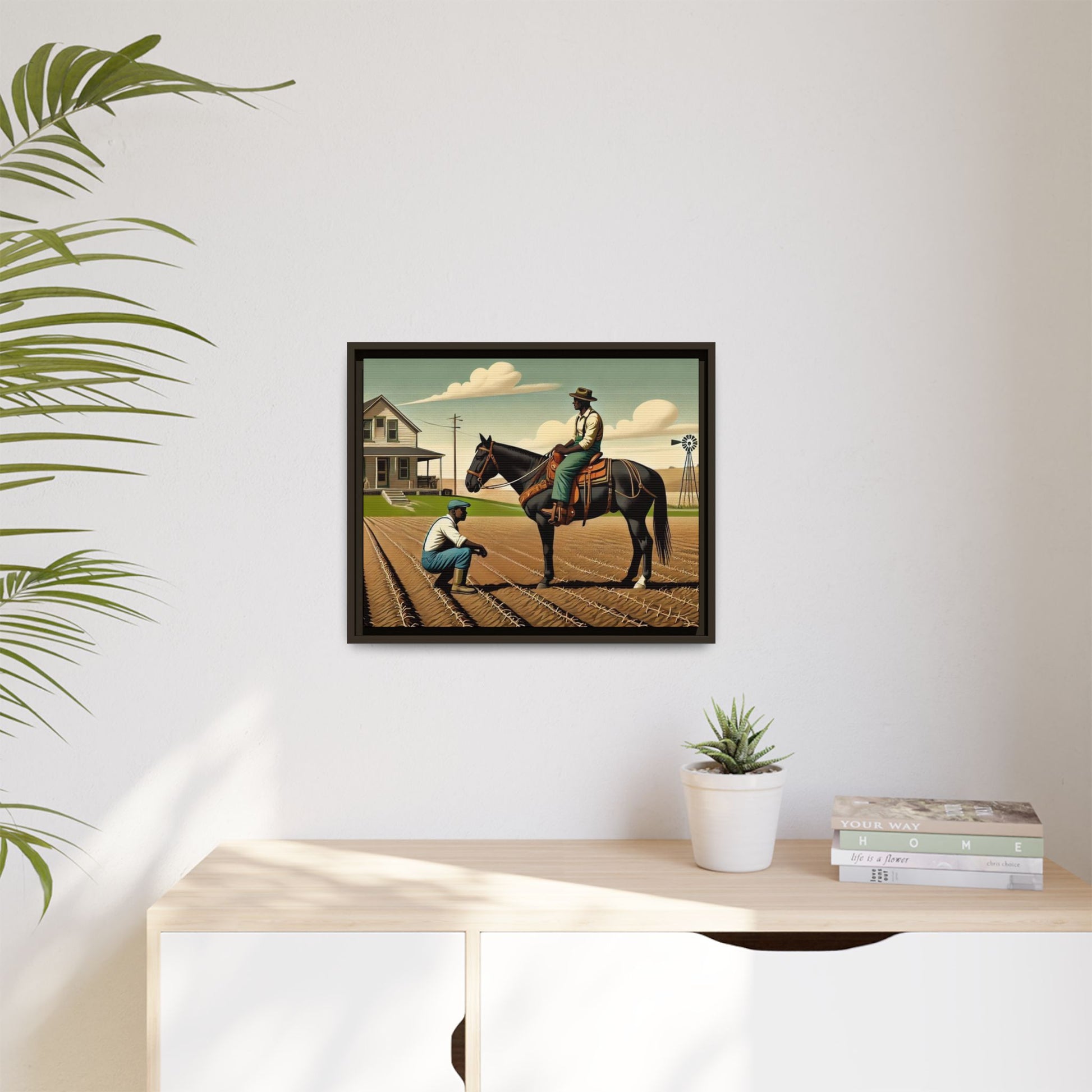Artwork of an African American queer couple working together on a farm in a serene, vintage-inspired landscape. One man sits on horseback, gazing warmly at his partner, who examines the soil, symbolizing their partnership in both love and labor. The scene captures resilience, companionship, and the beauty of rural life.