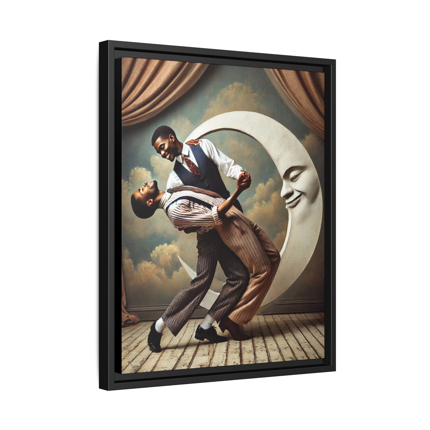 Framed artwork of two Black men in vintage suits dancing tenderly beneath a crescent moon with a smiling face. A romantic 1920s-inspired scene with velvet curtains and a painted sky backdrop. Part of a collection reclaiming lost queer Black history and art.