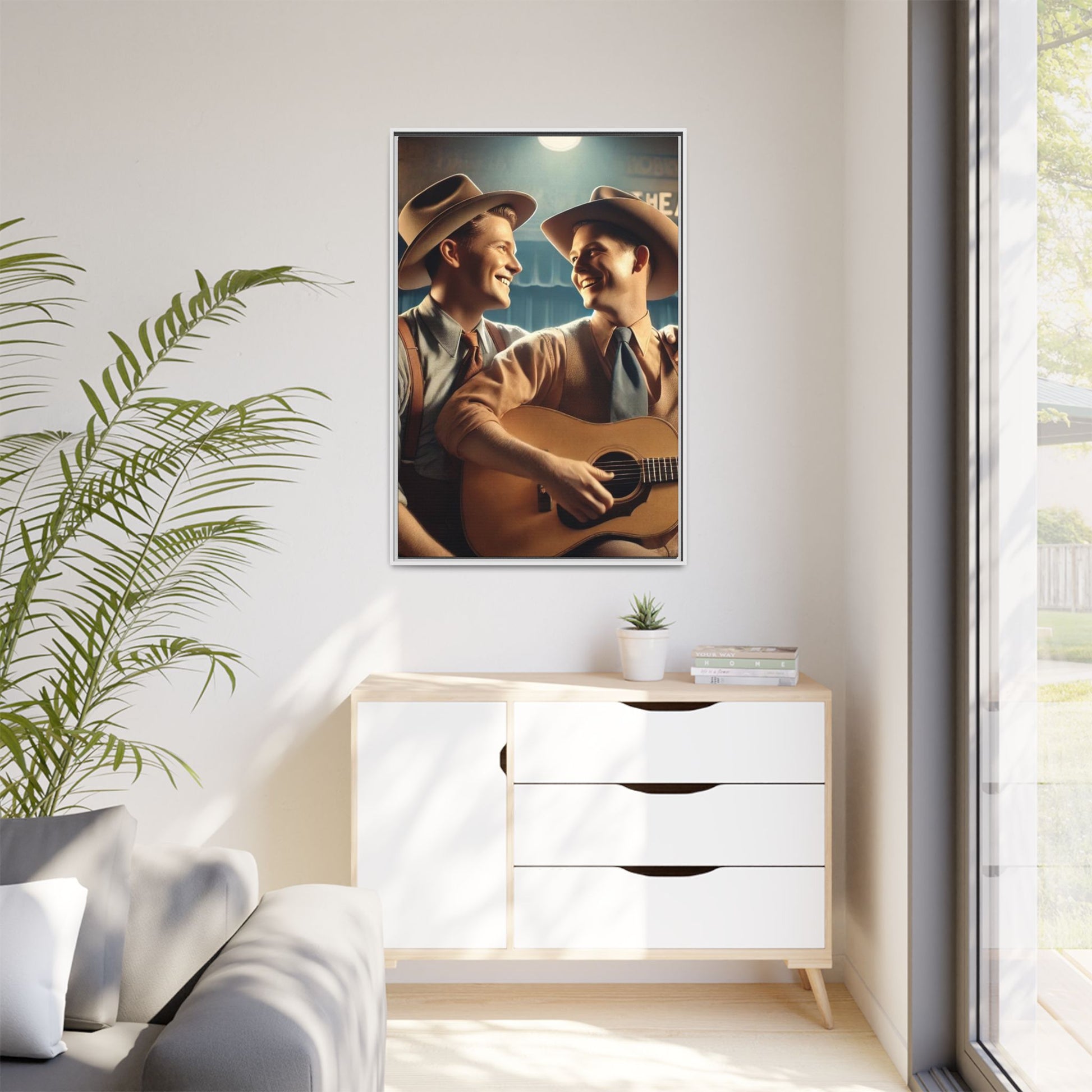 Artwork of a gay couple recording a country-western song in a 1930s-style studio. Dressed in classic Western attire with wide-brimmed hats and button-up shirts, the two men share an affectionate gaze, capturing love and unity in a nostalgic, vintage setting.