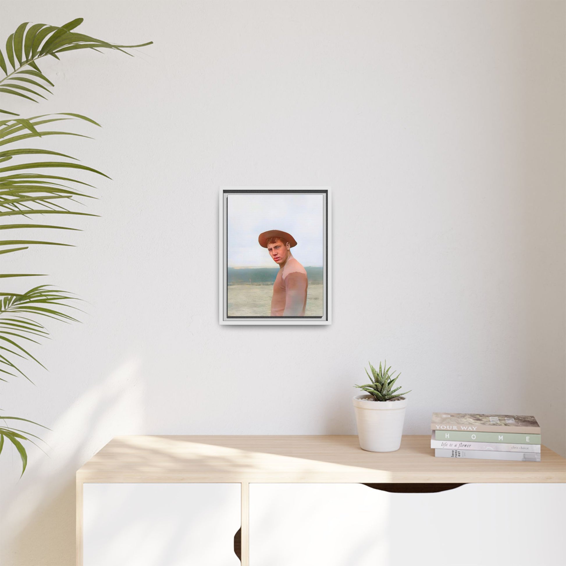 A framed vintage portrait on matte canvas featuring Victor at Cannon Beach, Oregon, capturing the rugged beauty of coastal life.