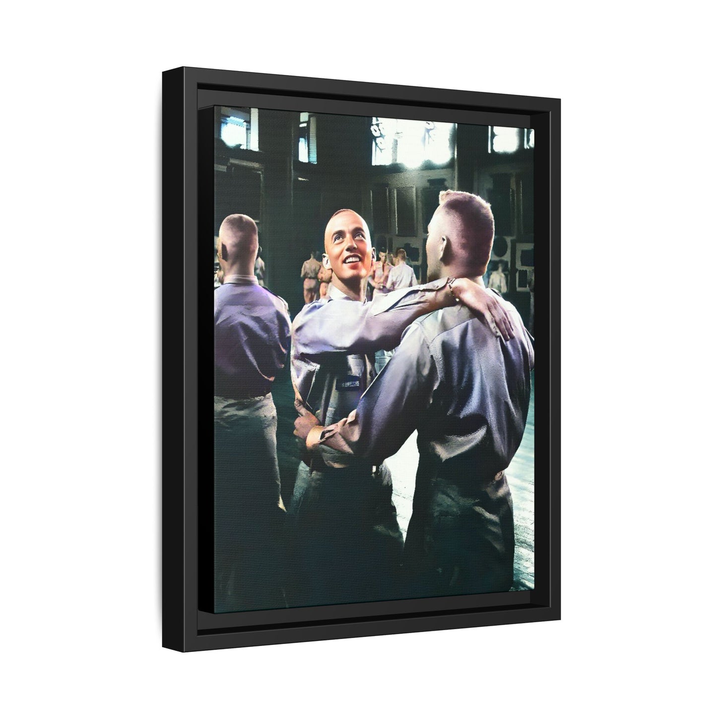 Restored mid-20th century photo of two men dancing at a USO event in Fort Belvoir, celebrating LGBTQ+ love and resilience, framed as wall décor Gay Couple