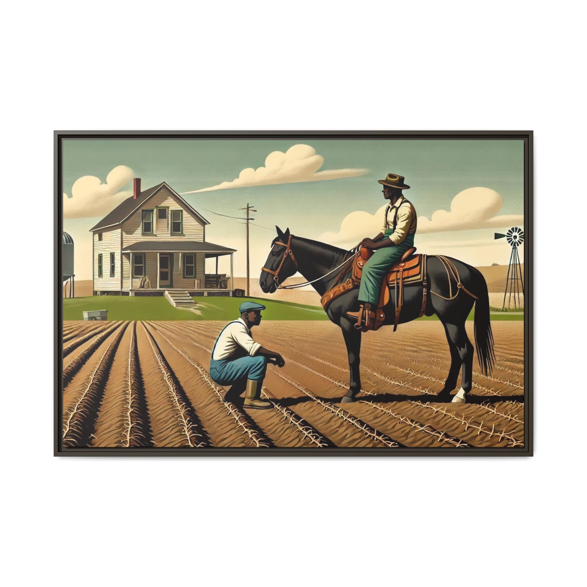 Artwork of an African American queer couple working together on a farm in a serene, vintage-inspired landscape. One man sits on horseback, gazing warmly at his partner, who examines the soil, symbolizing their partnership in both love and labor. The scene captures resilience, companionship, and the beauty of rural life.