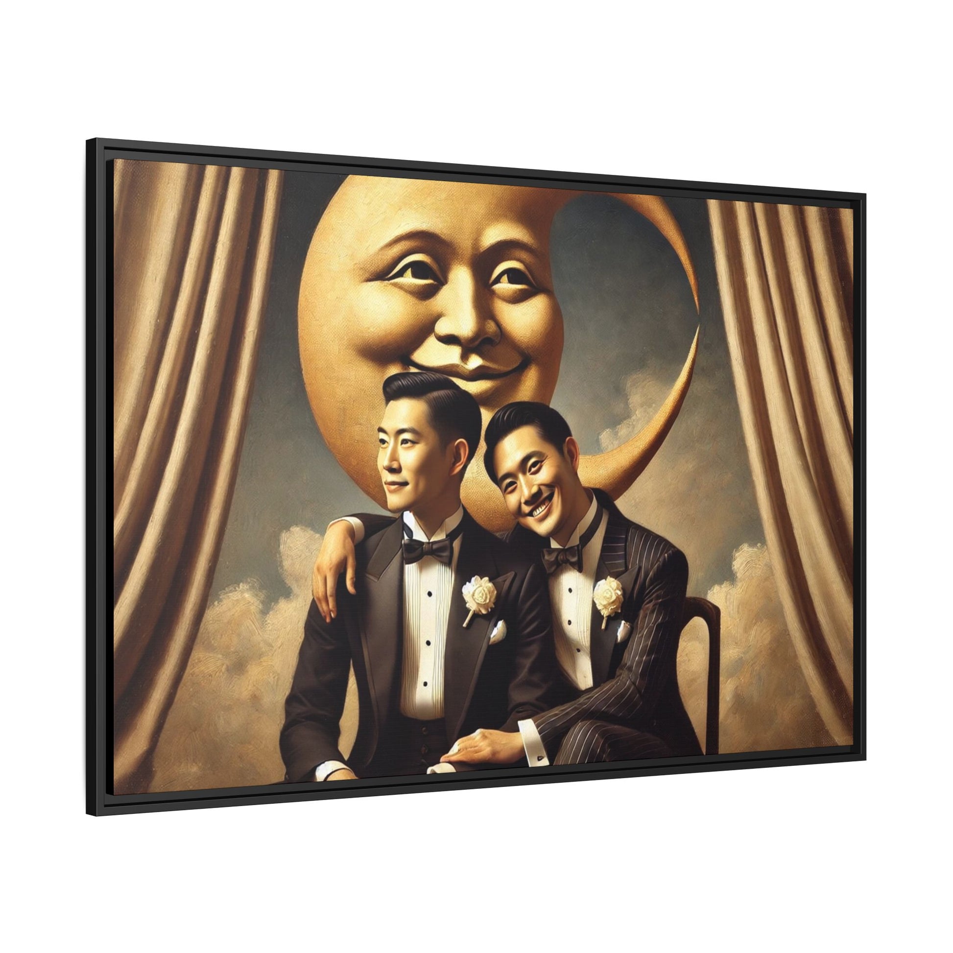 Vintage-inspired artwork of a romantic gay Asian couple in tuxedos sitting affectionately beneath a smiling crescent moon prop, surrounded by vintage stage curtains and dreamy clouds. A reclaimed queer narrative from the Man In The Moon series.
