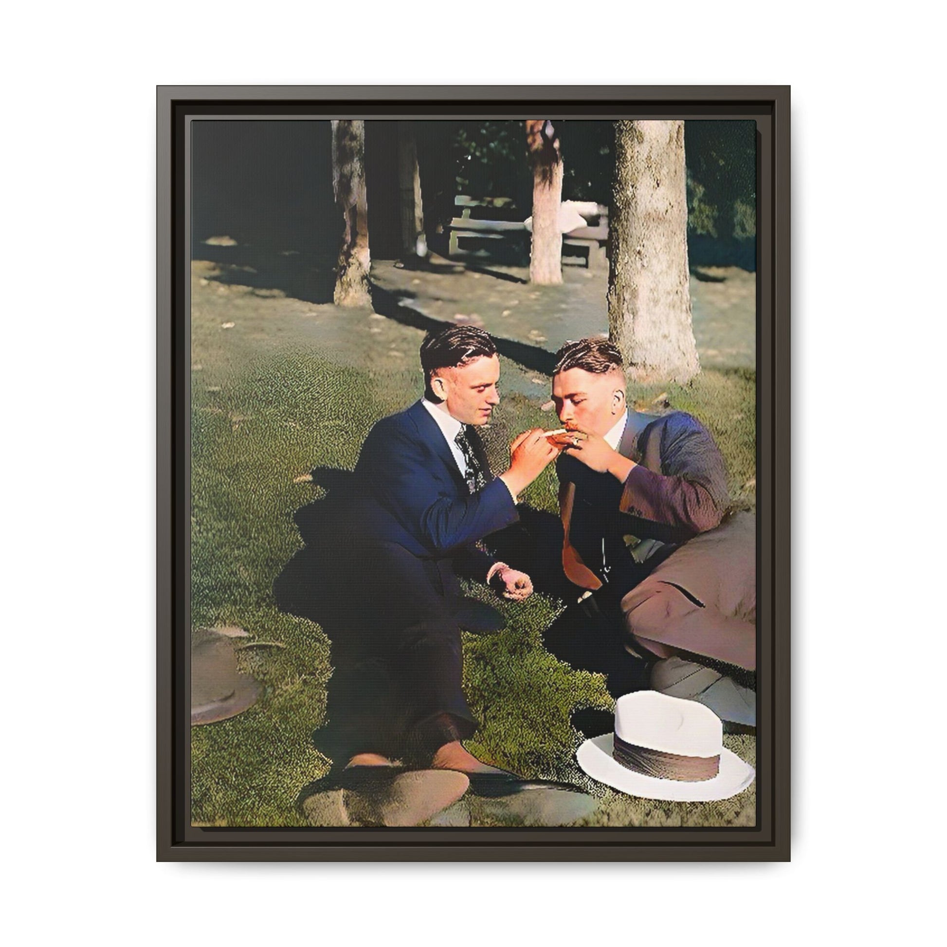 A framed vintage portrait on matte canvas featuring Oscar and Iván in Central Park, Manhattan, capturing timeless love and 1920s elegance. Gay Couple Queer History