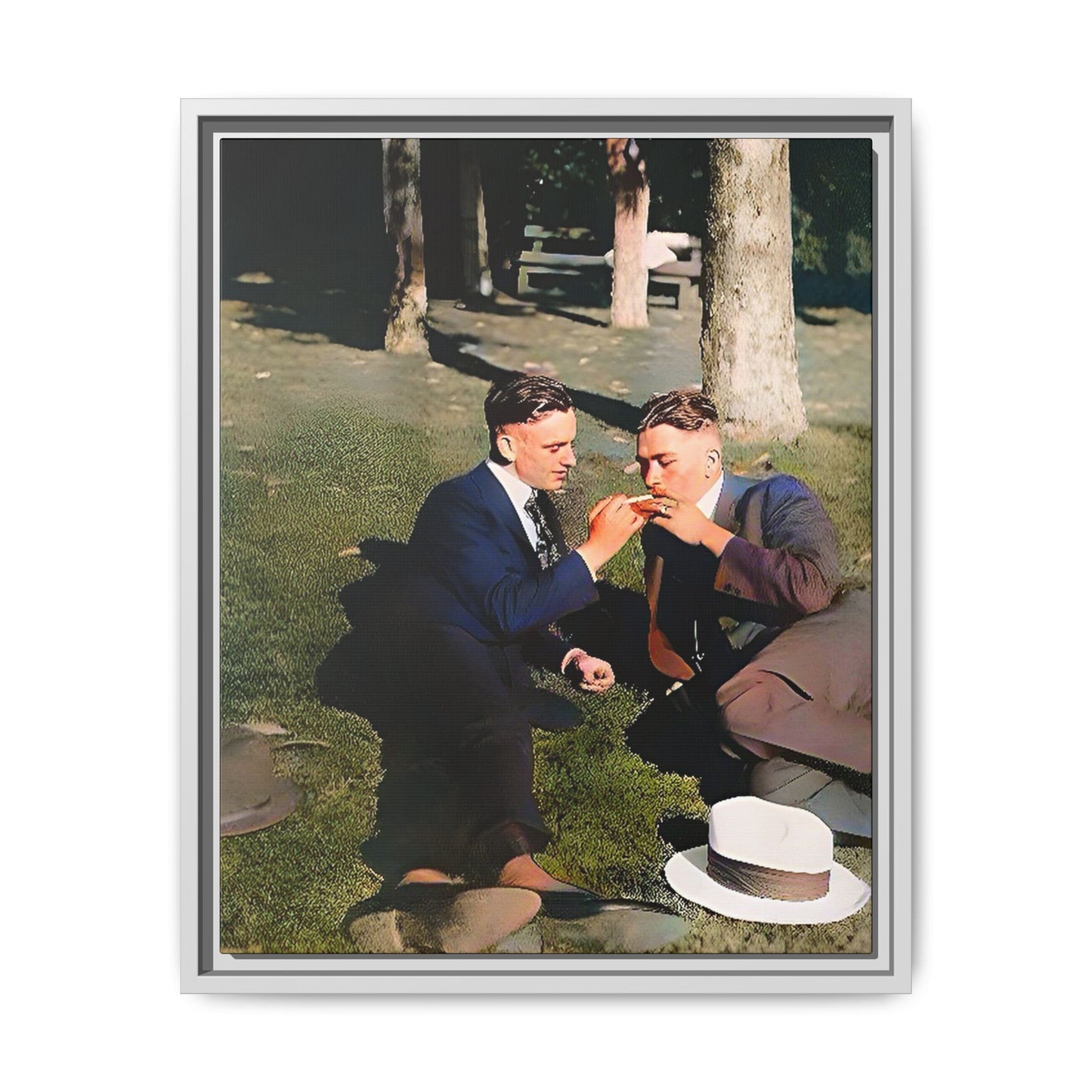 A framed vintage portrait on matte canvas featuring Oscar and Iván in Central Park, Manhattan, capturing timeless love and 1920s elegance. Gay Couple Queer History