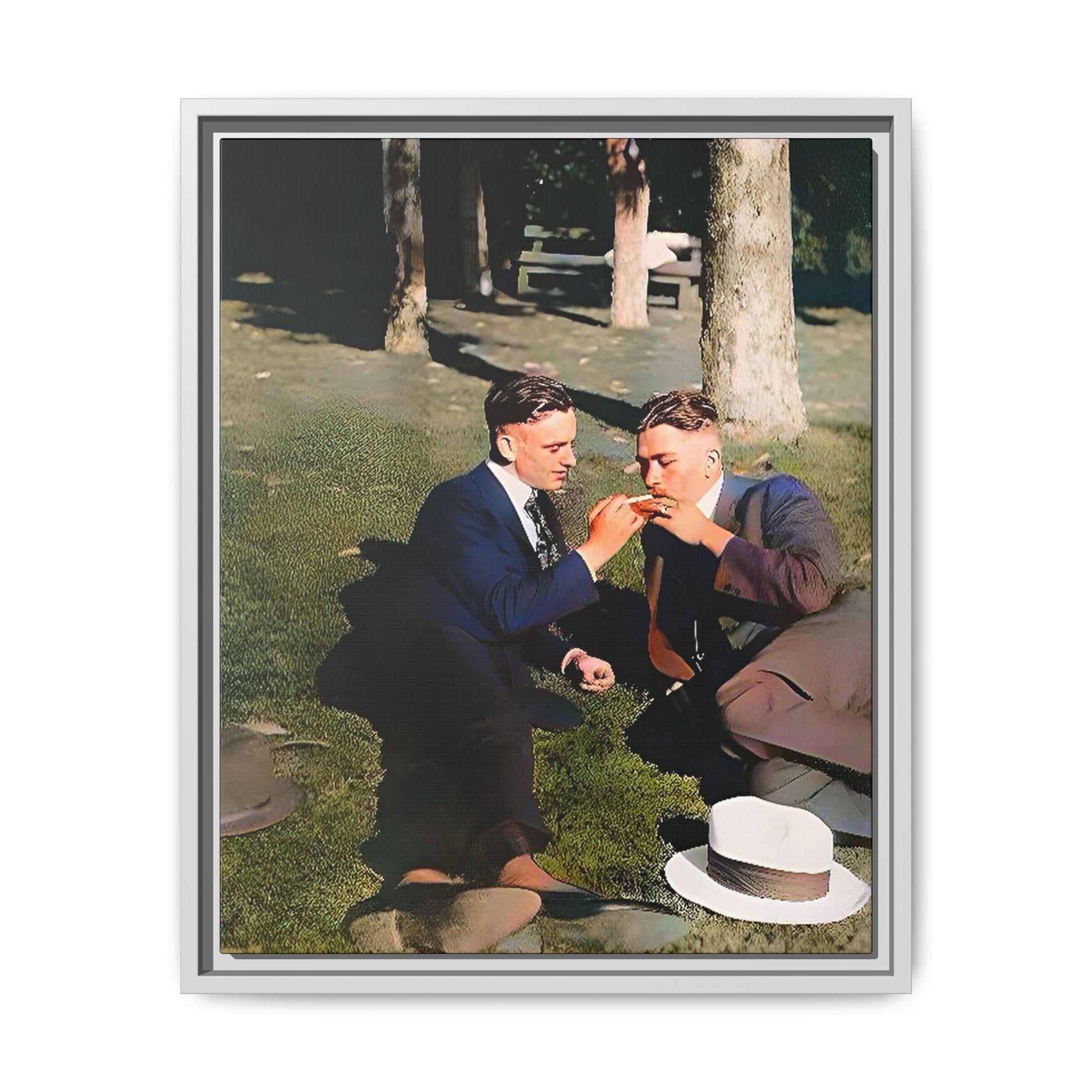 A framed vintage portrait on matte canvas featuring Oscar and Iván in Central Park, Manhattan, capturing timeless love and 1920s elegance. Gay Couple Queer History