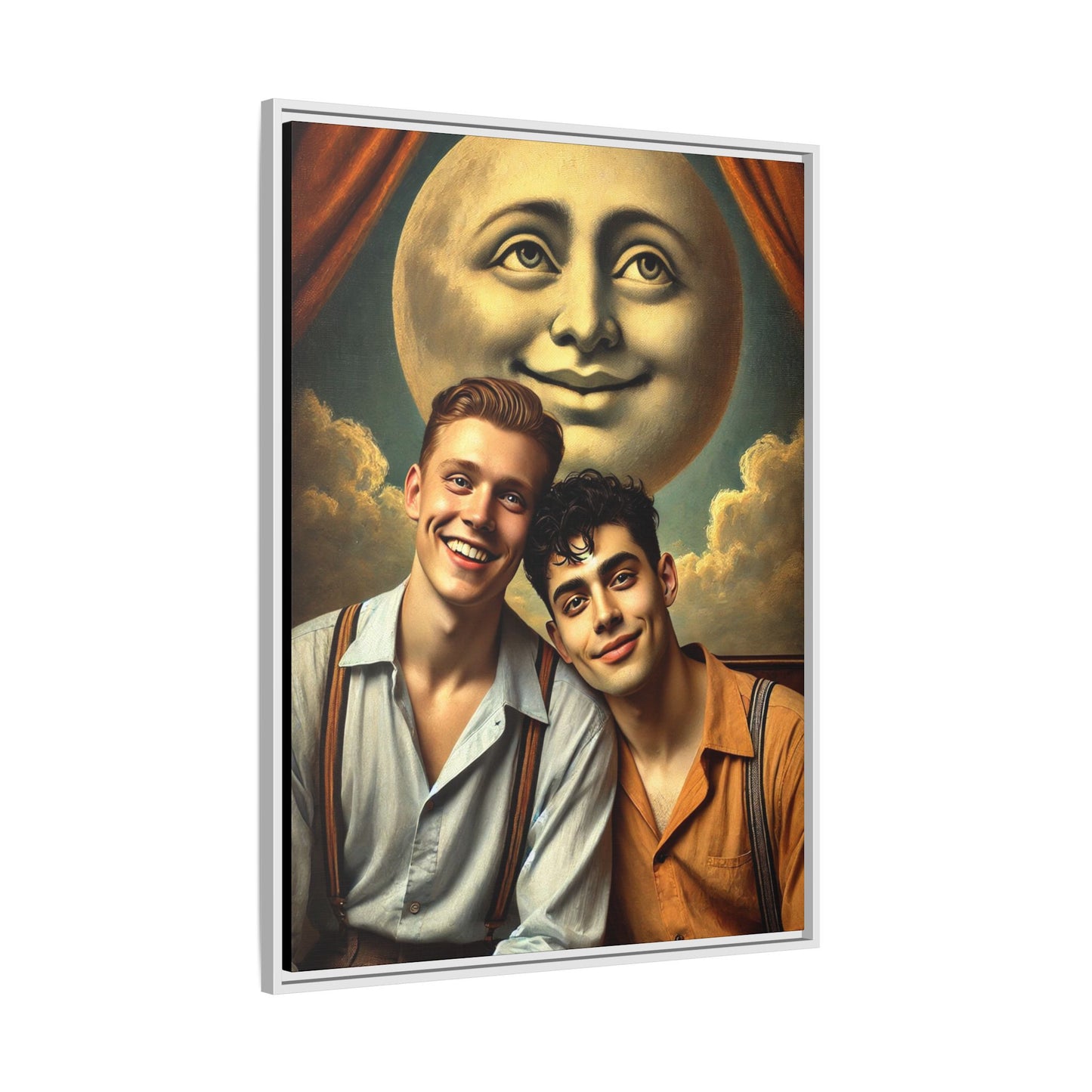 Framed artwork featuring a joyful queer couple in 1930s attire, seated close together beneath a smiling full moon in a theatrical studio setting. A celebration of reclaimed LGBTQ+ narratives in nostalgic portraiture.