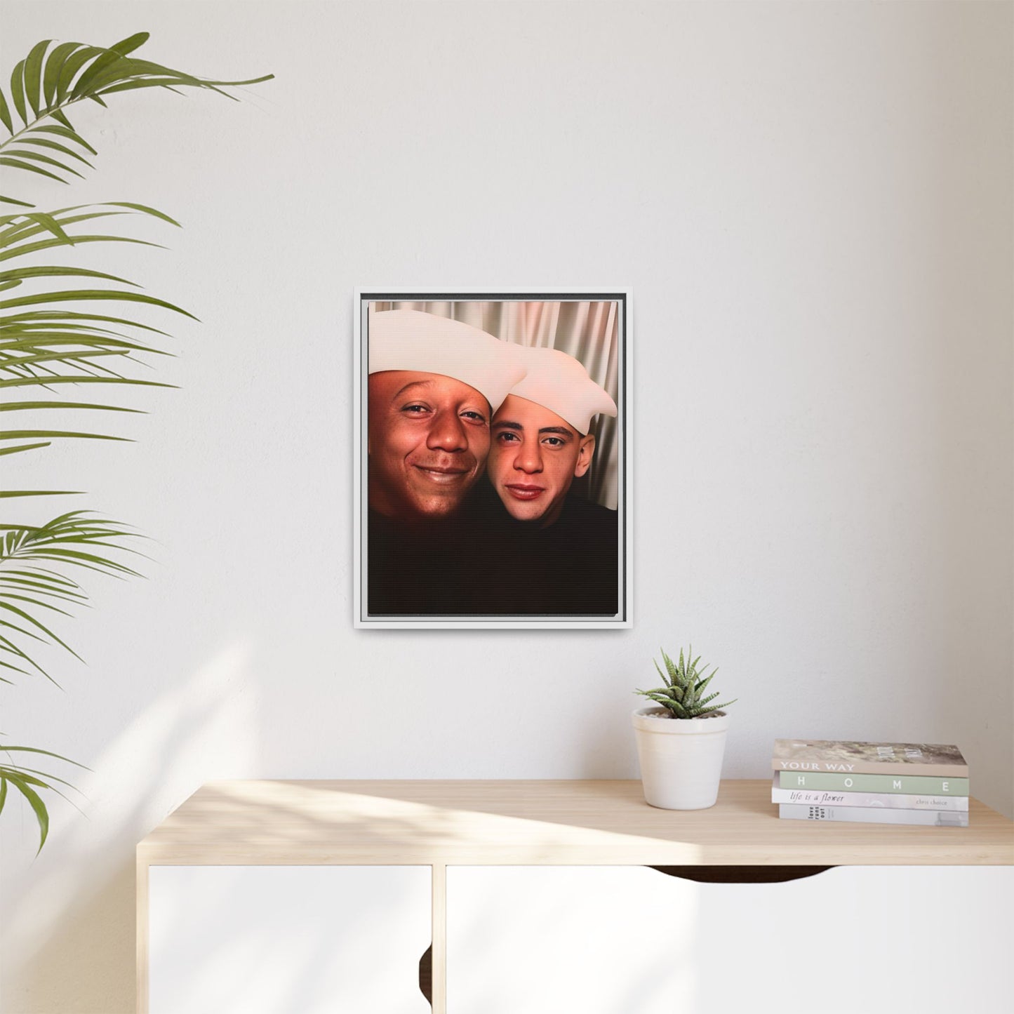 Restored vintage photo of Arthur & Marvin, WWII-era gay sailors in a photo booth, Daytona Beach FL, framed canvas art.