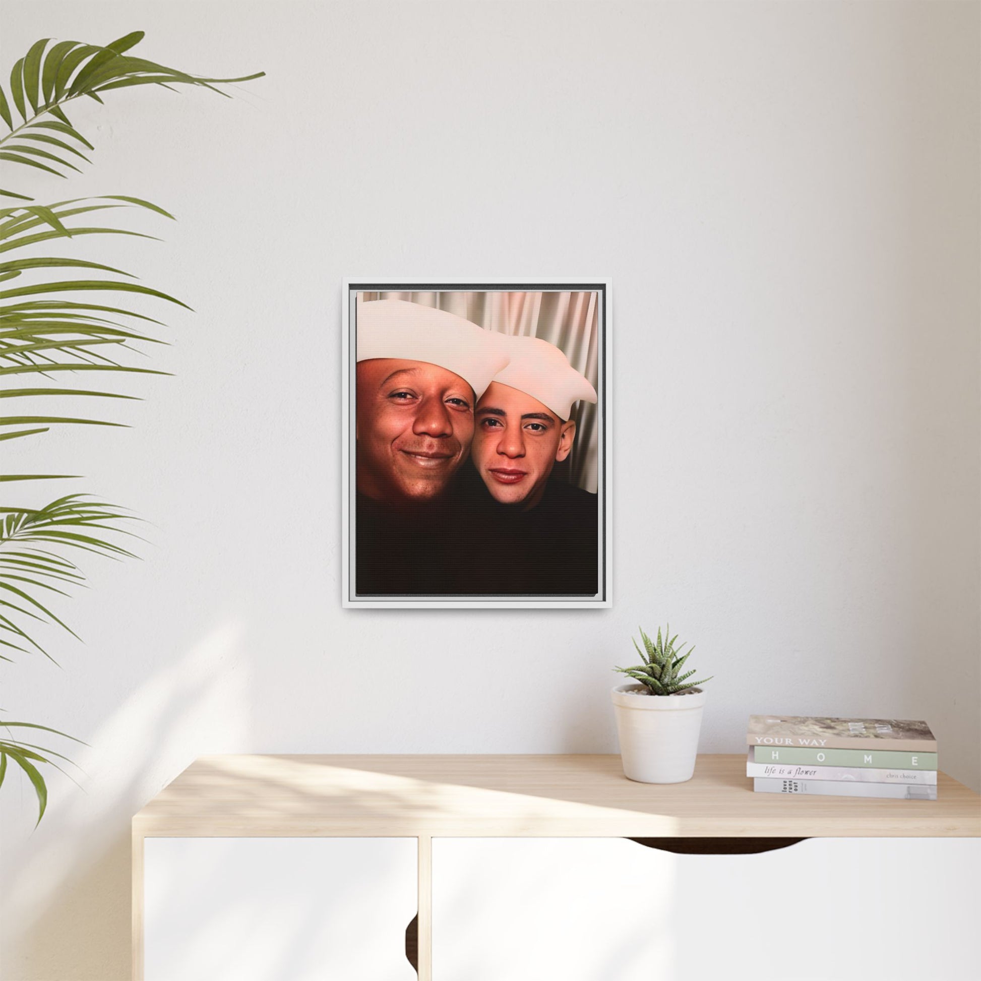 Restored vintage photo of Arthur & Marvin, WWII-era gay sailors in a photo booth, Daytona Beach FL, framed canvas art.
