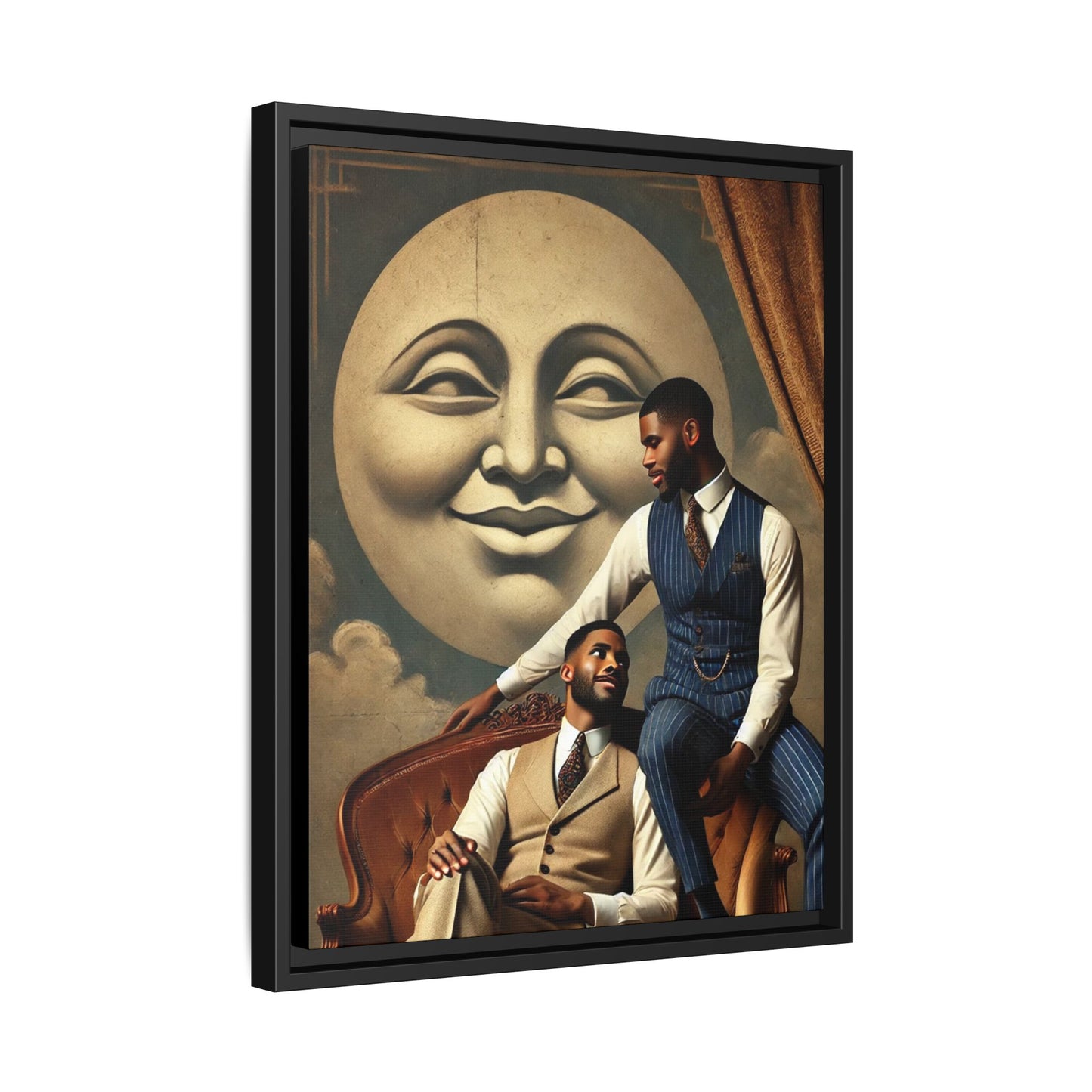An elegant portrait of two Black men in vintage suits, seated affectionately beneath a smiling full moon. This 1920s-inspired artwork reclaims lost LGBTQ history, honoring Black queer love through style, softness, and resilience.