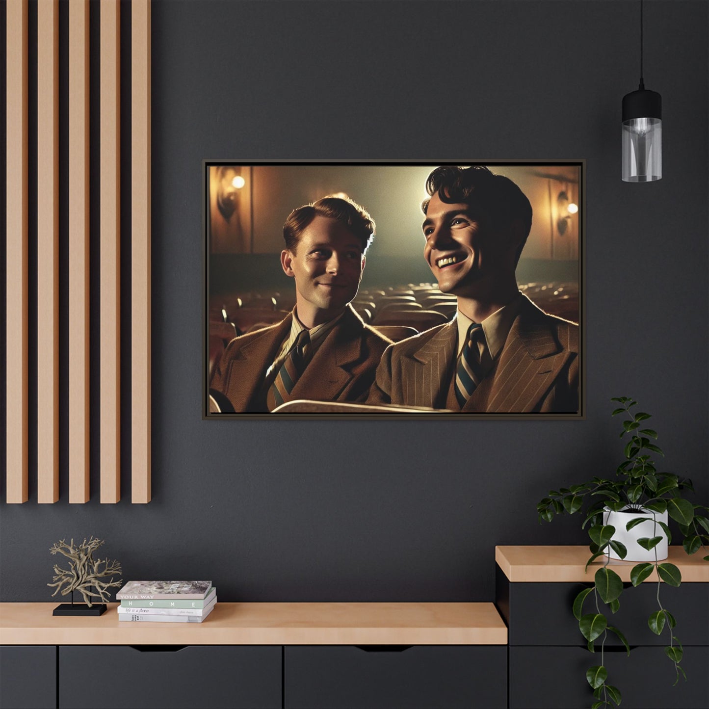 Vintage-style photo of two young men sharing an intimate moment on a date in a 1930s movie theater. Dressed in classic pinstripe suits, their smiles and close connection evoke the warmth and charm of the era, celebrating LGBTQ+ history and timeless romance.