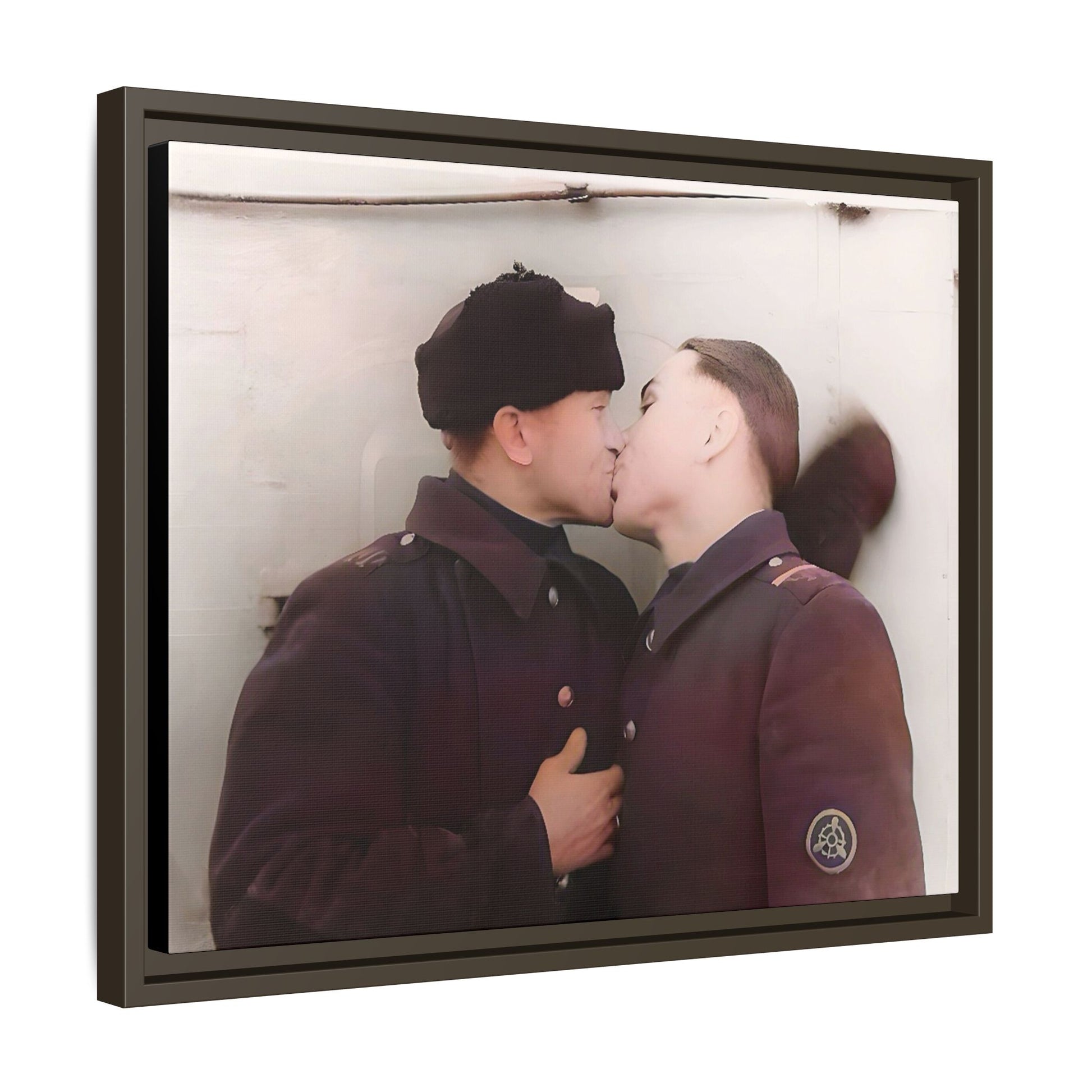 A restored vintage photograph of two Russian soldiers in uniform sharing an intimate moment at a military outpost in Surgut, Russia. Their embrace reflects resilience, love, and defiance against societal norms, making this a powerful tribute to LGBTQ+ history and wartime romance. Винтажное фото | гей-пара