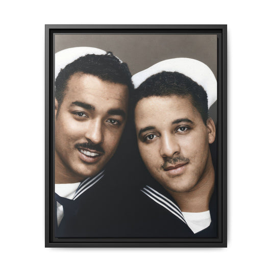 Close-up vintage portrait of two Black men in naval-style dress with their heads together and a rounded dark photographic border