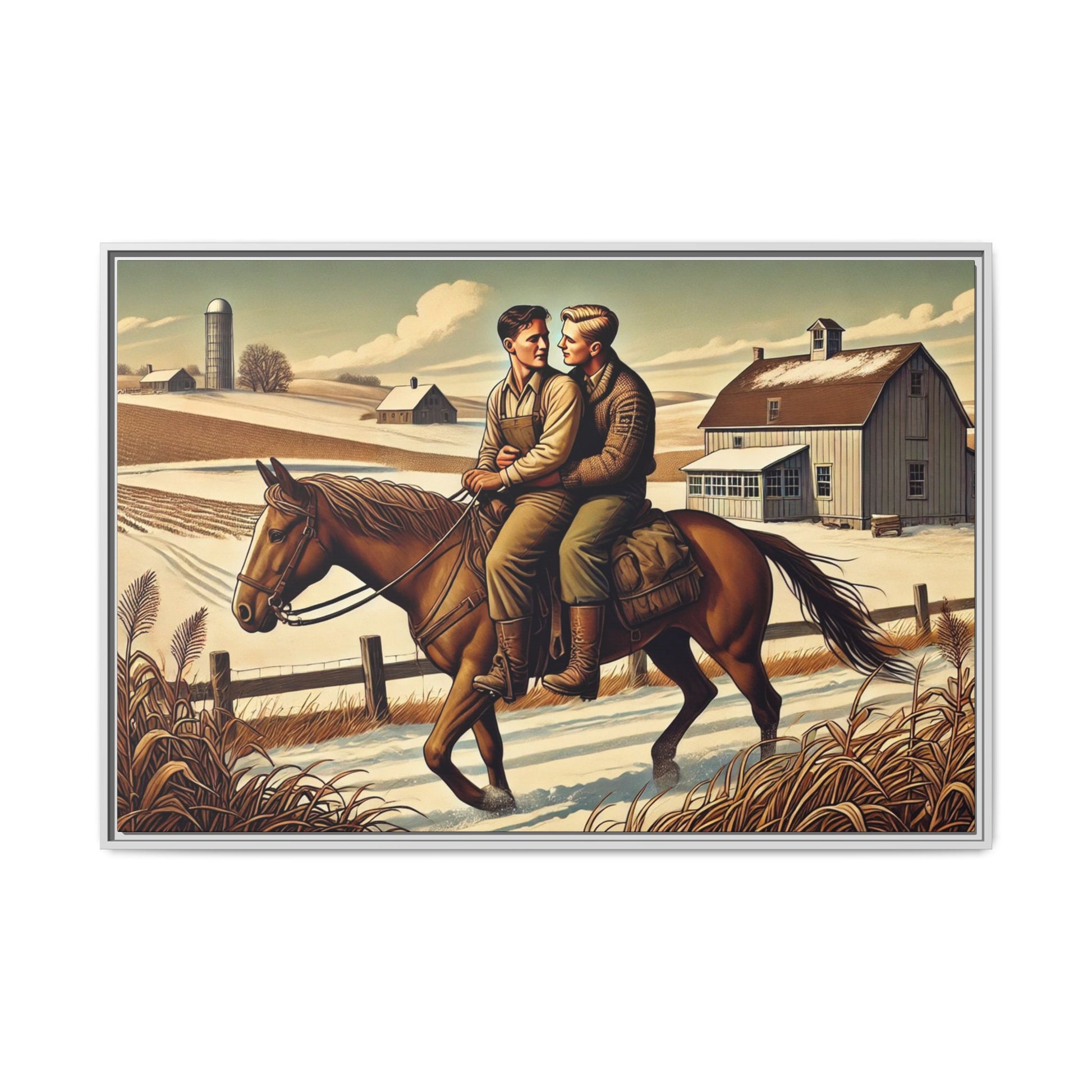 Artwork of a gay couple sharing a tender moment while seated together on a single horse in a snowy, rural Midwestern landscape. Dressed in early 20th-century attire, the men gaze at each other warmly, capturing love, resilience, and companionship in a serene 1930s-inspired American scene