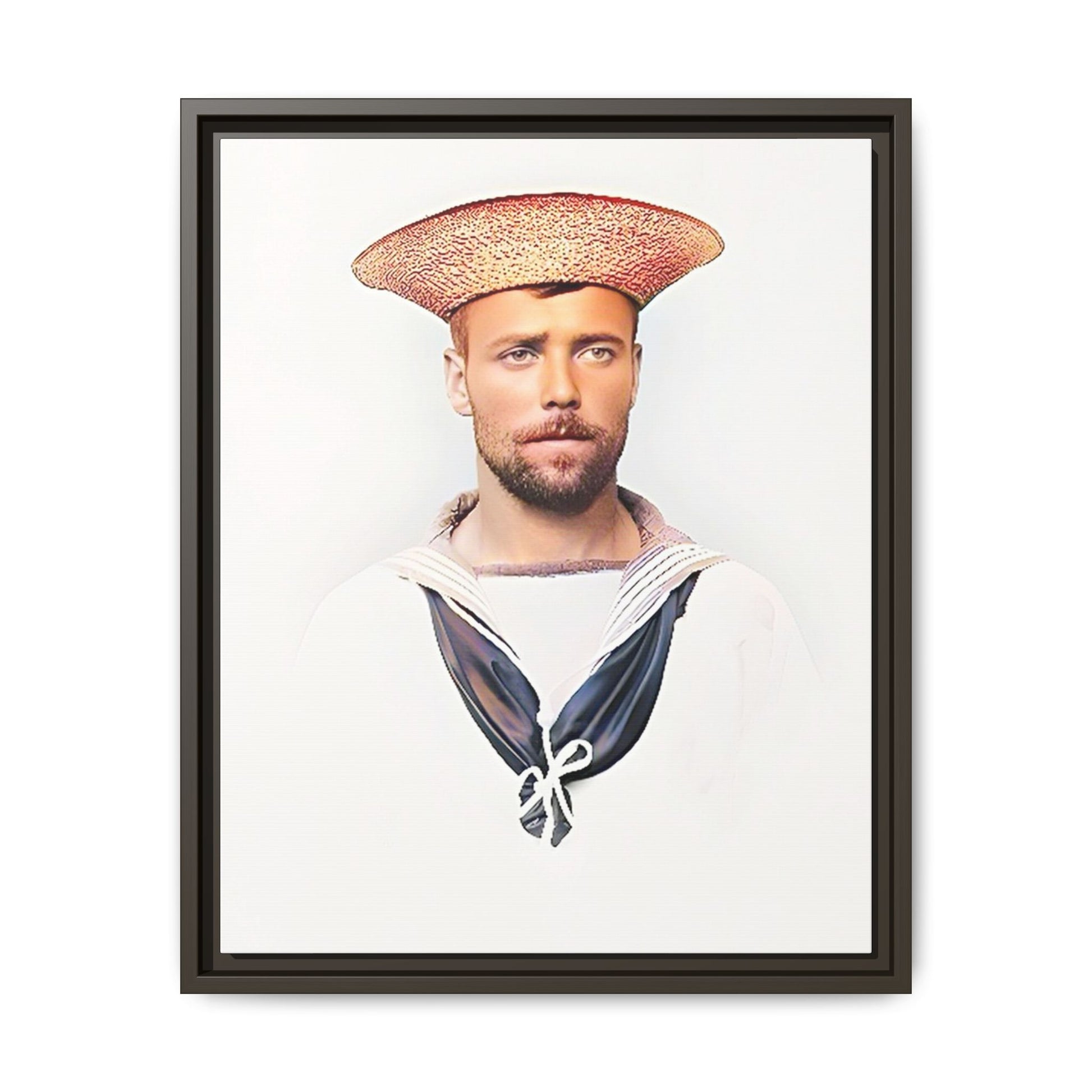 A restored vintage portrait of Elijah, a British sailor in Weihaiwei, China. This framed matte canvas honors naval history, tradition, and duty.