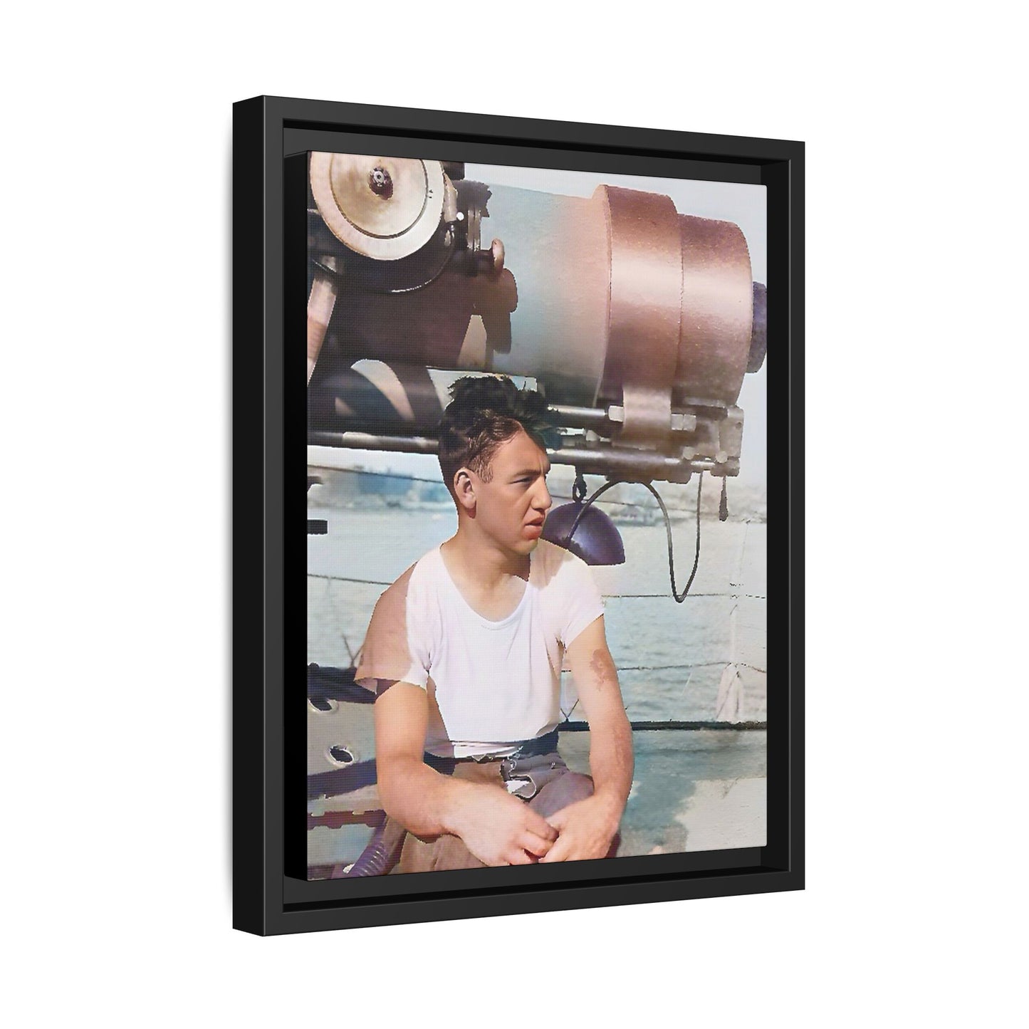 A restored vintage portrait of Harvey aboard the USS Oklahoma (BB-37). This framed matte canvas honors naval history, resilience, and service. Battleship Photo