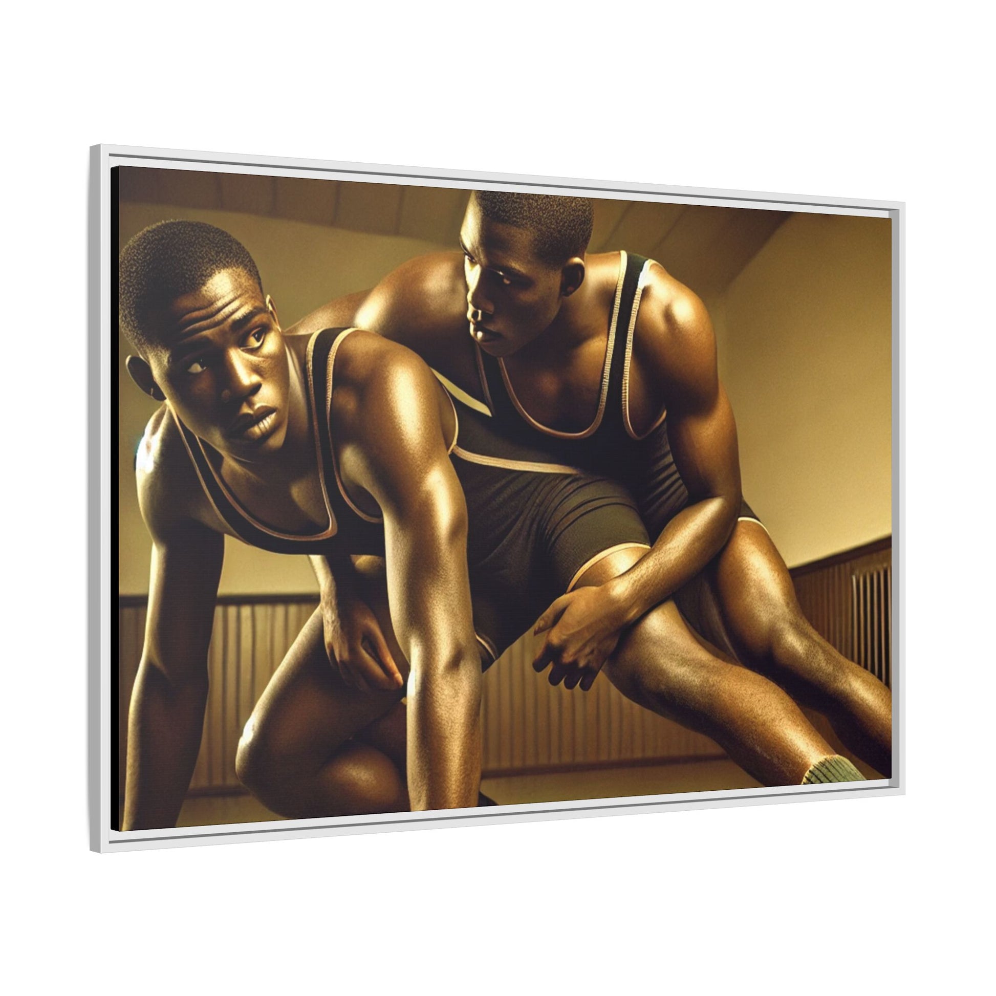 Framed artwork inspired by Grant Wood, showcasing African-American wrestlers in a vintage gymnasium setting. A powerful tribute to teamwork, resilience, and regionalist art.