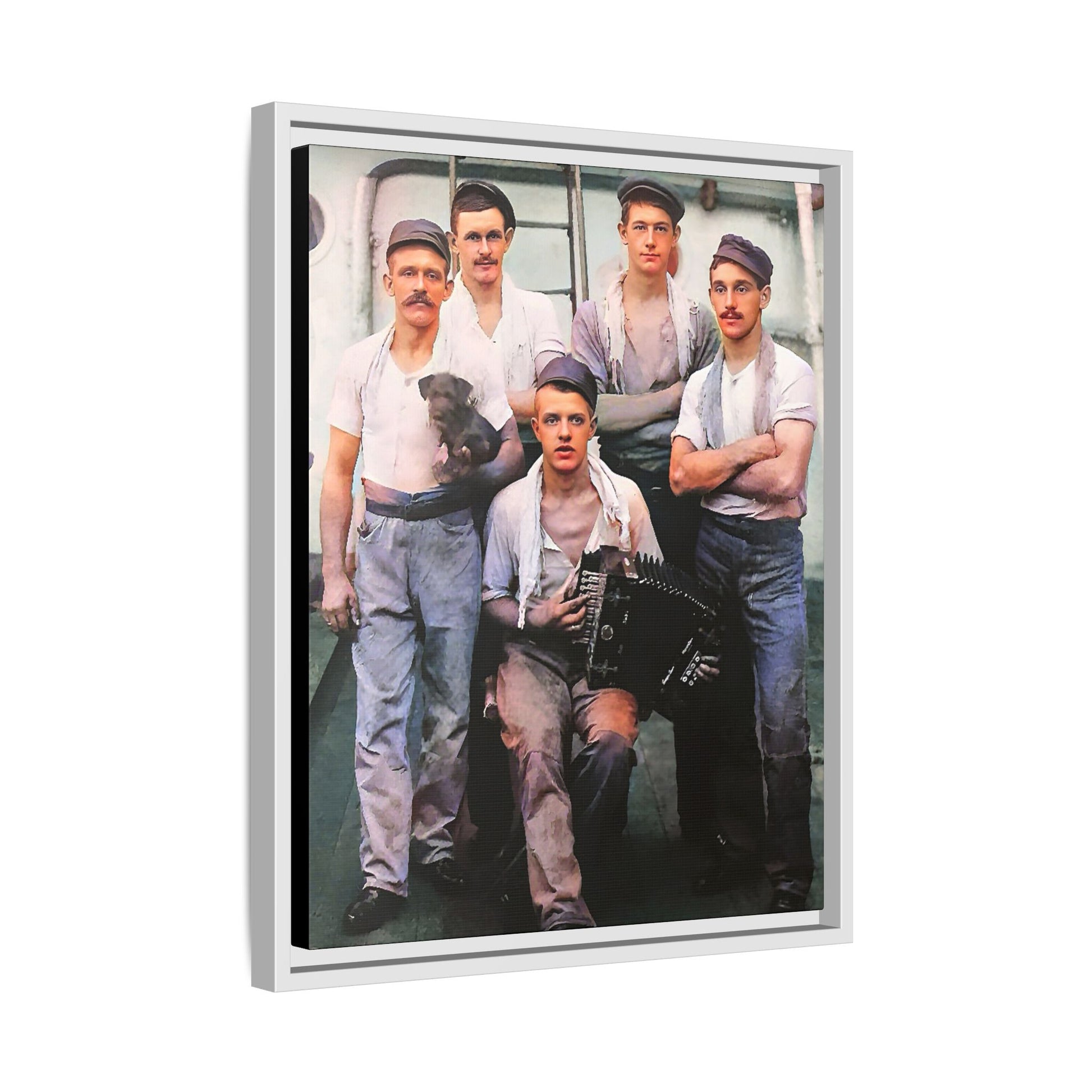 A vintage maritime photograph printed on matte canvas, featuring sailors aboard the Waimarino Cargo Ship, highlighting companionship, tradition, and the spirit of life at sea.