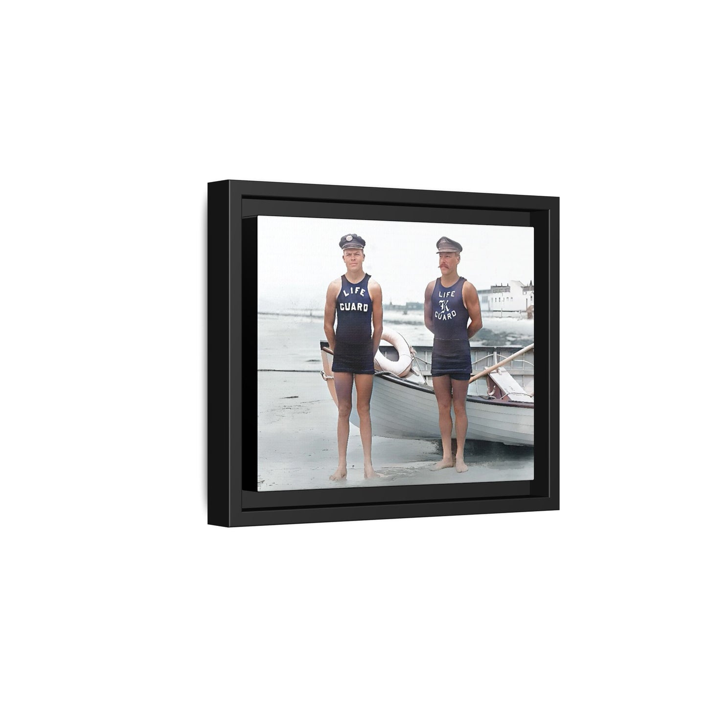A nostalgic framed canvas print of vintage lifeguards in Cape May, NJ. This coastal artwork captures the charm of early 20th-century beach life, making it perfect for lovers of maritime history, seaside decor, and Americana enthusiasts.