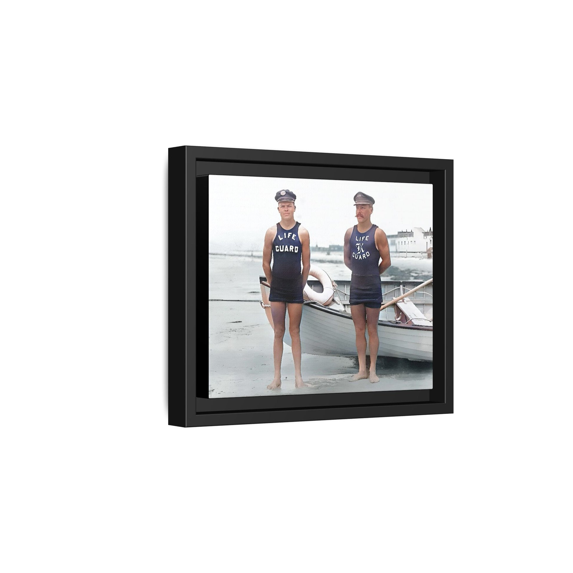 A nostalgic framed canvas print of vintage lifeguards in Cape May, NJ. This coastal artwork captures the charm of early 20th-century beach life, making it perfect for lovers of maritime history, seaside decor, and Americana enthusiasts.