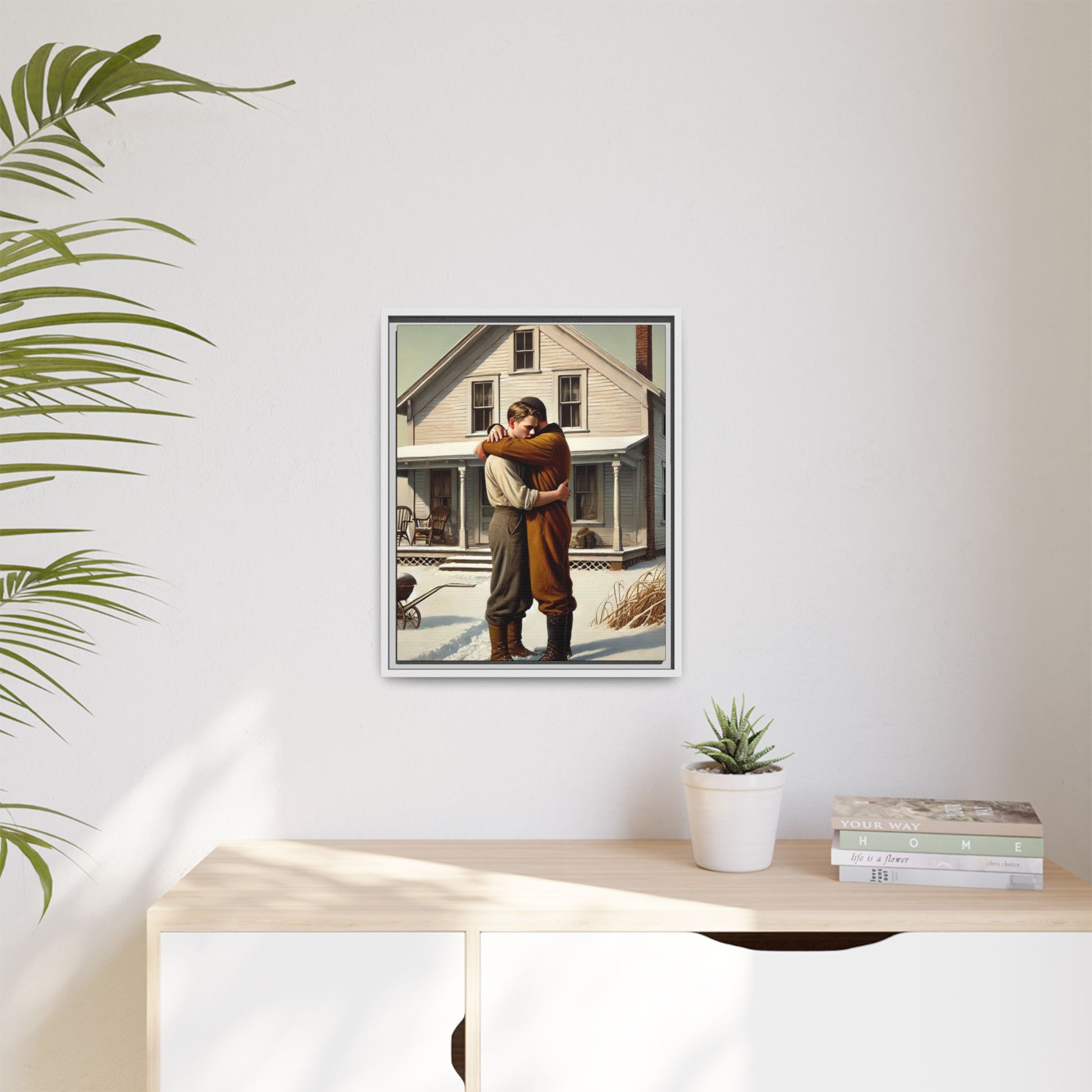 Artwork of a tender moment between a gay couple embracing outside a farmhouse in a snowy, rural landscape. Dressed in vintage attire, the two men find warmth and comfort in each other’s arms, capturing love and connection in a serene, Americana winter setting