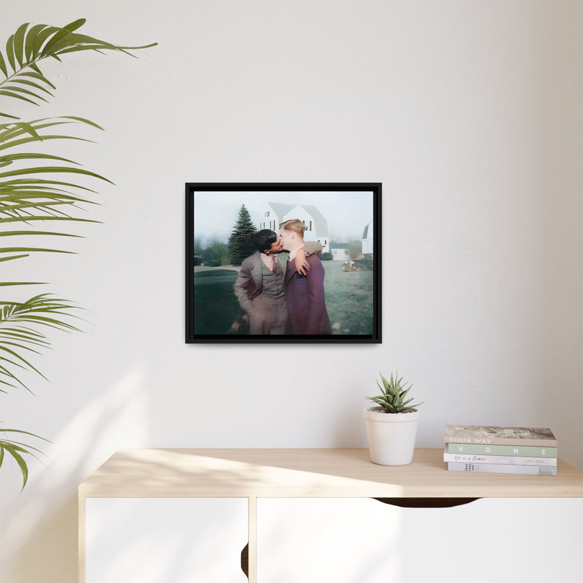 A vintage LGBTQ+ portrait of Milton & Shawn in Londonderry, NH. This framed matte canvas captures a timeless moment of love and resilience, making it a perfect piece for collectors, history enthusiasts, and those celebrating love in all forms. Gay Couple Art