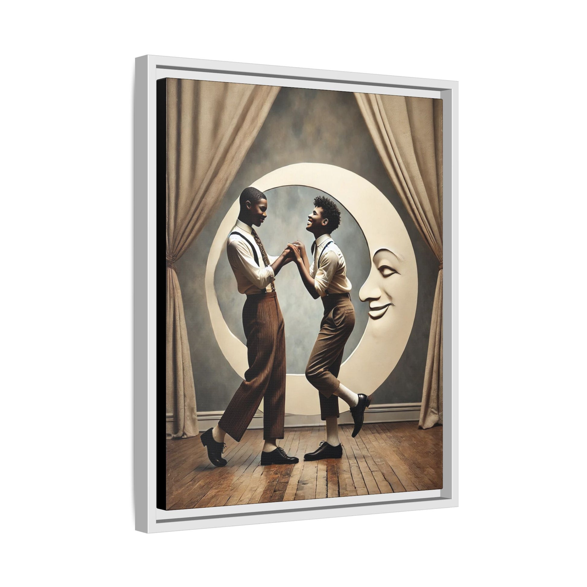 Two joyful young Black men dressed in 1920s fashion dancing in front of a crescent moon prop with a smiling face. This artwork reclaims erased queer love, offering a whimsical and powerful celebration of Black LGBTQ+ youth and history.
