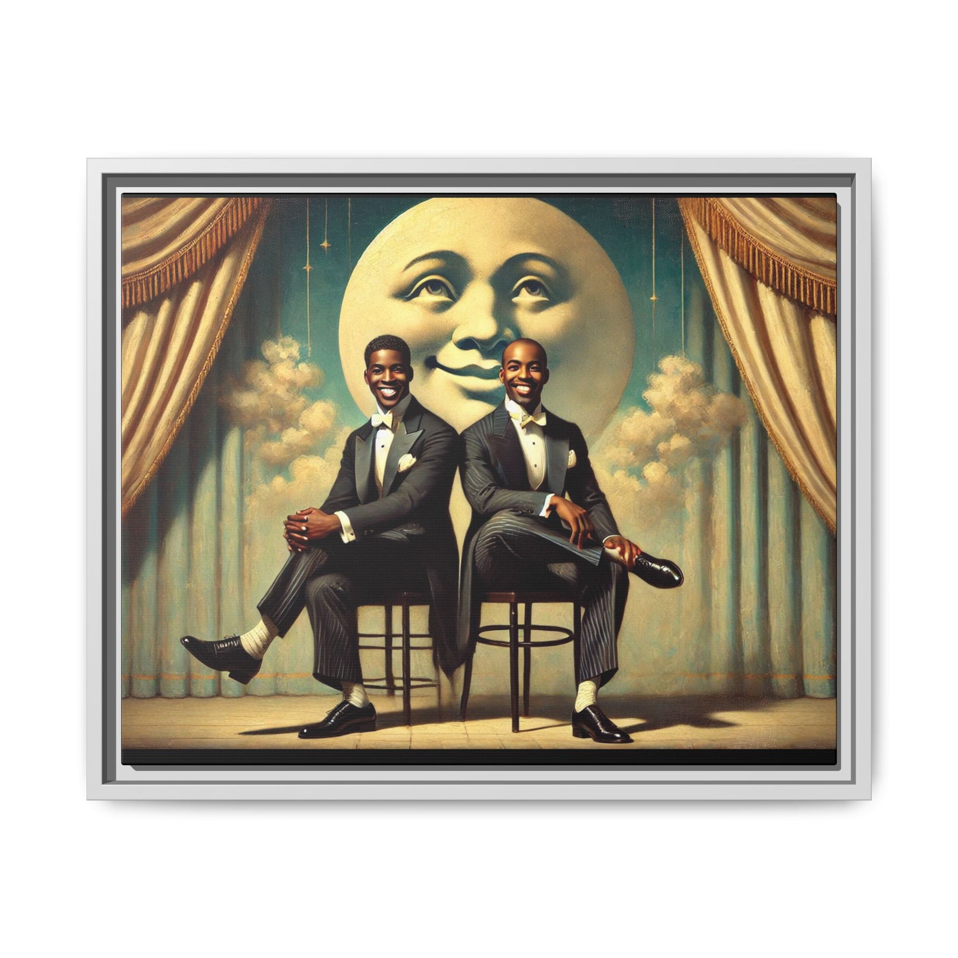 Framed vintage-style portrait of two Black men in tuxedos seated under a smiling crescent moon prop with golden curtains and cloud backdrop. This restored matte canvas honors lost LGBTQ history and reclaims early 20th-century queer representation with pride.