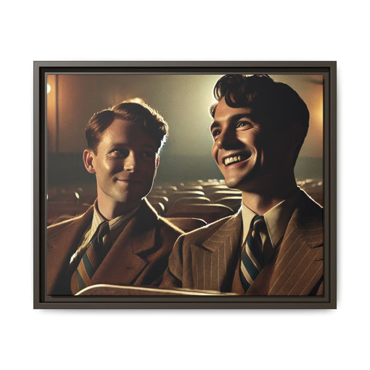 Vintage-style photo of two young men sharing an intimate moment on a date in a 1930s movie theater. Dressed in classic pinstripe suits, their smiles and close connection evoke the warmth and charm of the era, celebrating LGBTQ+ history and timeless romance.