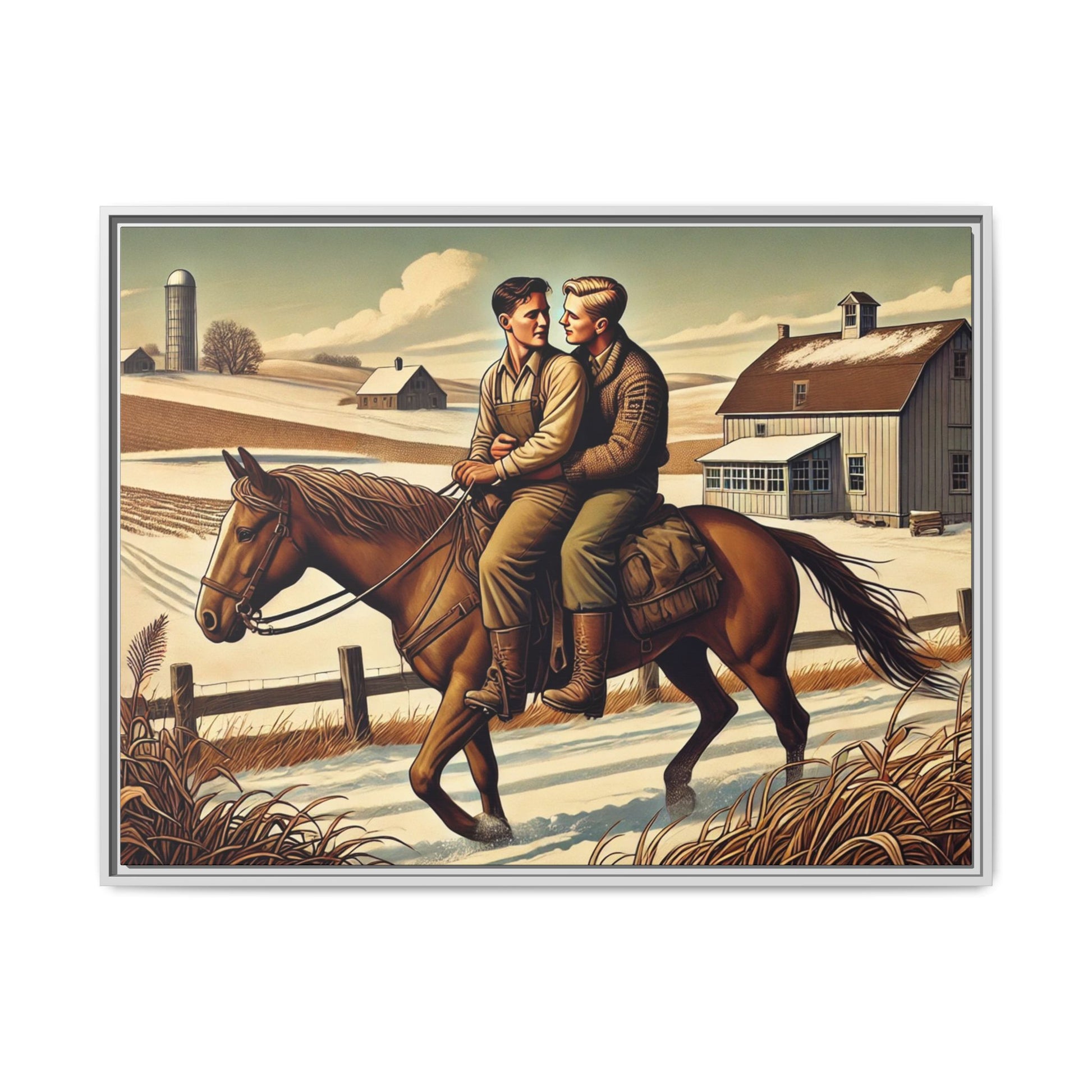 Artwork of a gay couple sharing a tender moment while seated together on a single horse in a snowy, rural Midwestern landscape. Dressed in early 20th-century attire, the men gaze at each other warmly, capturing love, resilience, and companionship in a serene 1930s-inspired American scene