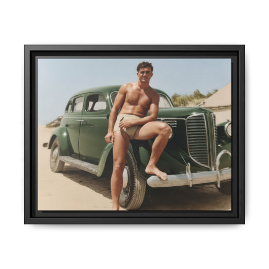 Vintage automobile beach portrait framed canvas wall art featuring a restored historical photograph of a classic car by the seaside