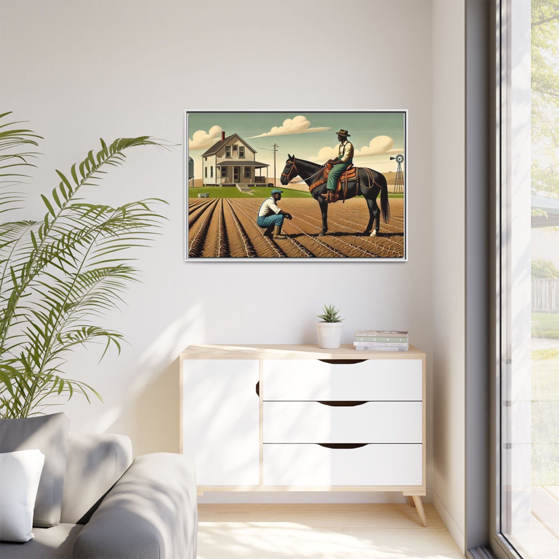 Artwork of an African American queer couple working together on a farm in a serene, vintage-inspired landscape. One man sits on horseback, gazing warmly at his partner, who examines the soil, symbolizing their partnership in both love and labor. The scene captures resilience, companionship, and the beauty of rural life.
