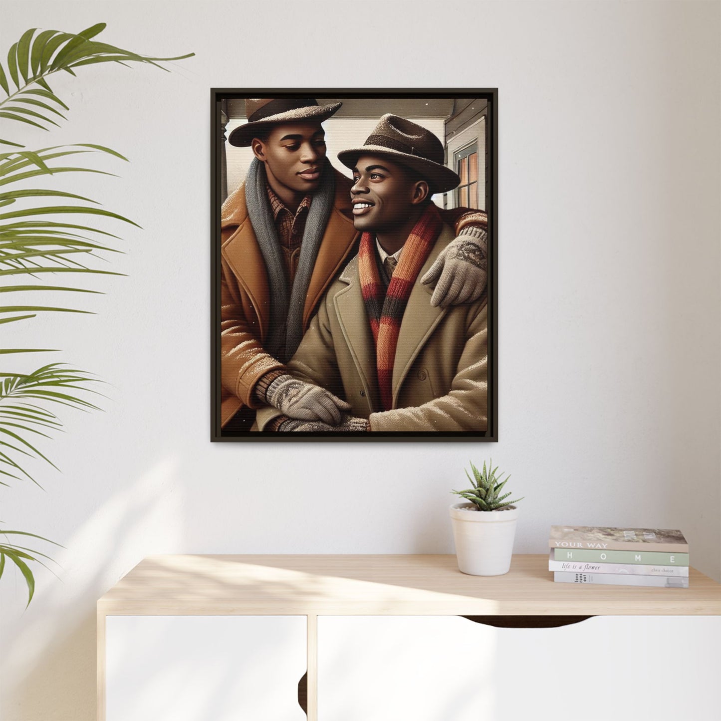 Artwork of an African-American gay couple sharing a cozy winter moment on a porch. Dressed in vintage winter attire with fedoras, scarves, and warm coats, they exchange affectionate gazes amidst softly falling snow, capturing love, warmth, and intimacy in a nostalgic winter setting.