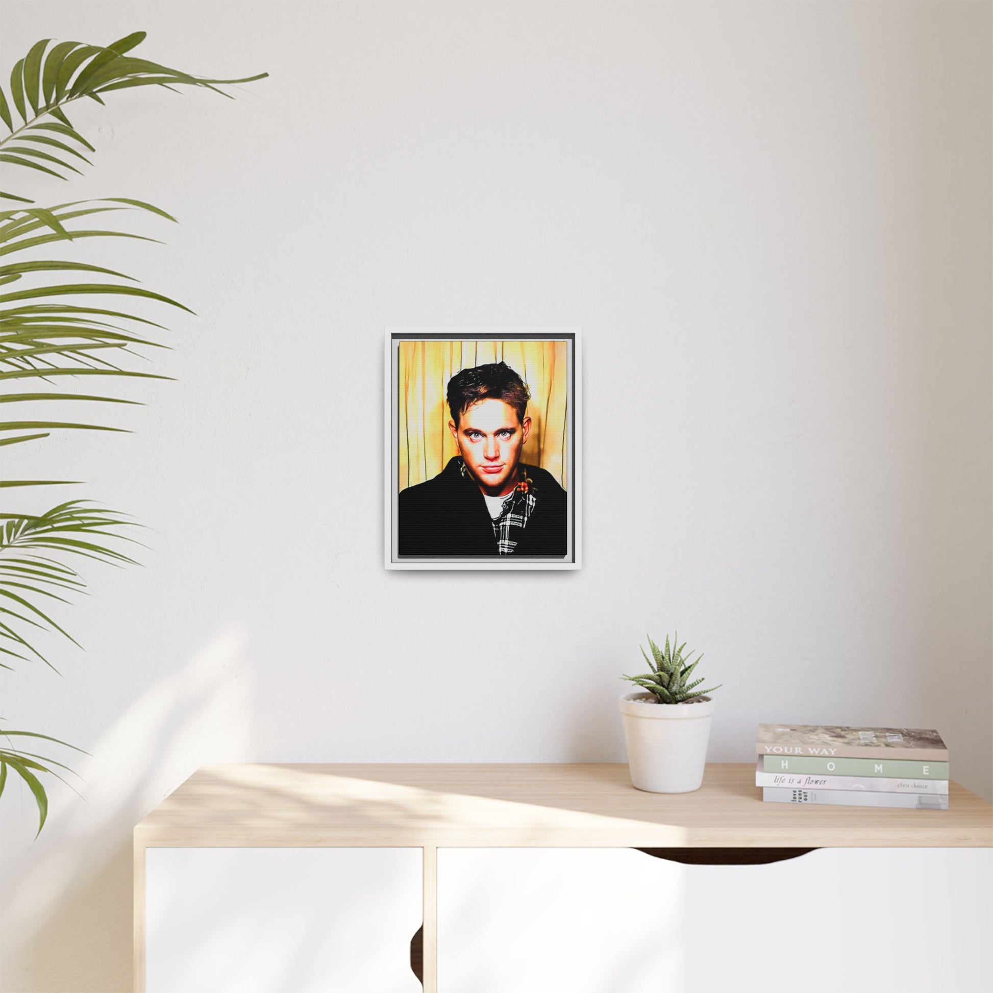A nostalgic 90s photo booth portrait of Jake at Deadwood Bar, Iowa City. This framed matte canvas print captures quiet reflection, vintage charm, and raw authenticity, making it a striking statement piece for lovers of retro photography and moody decor.